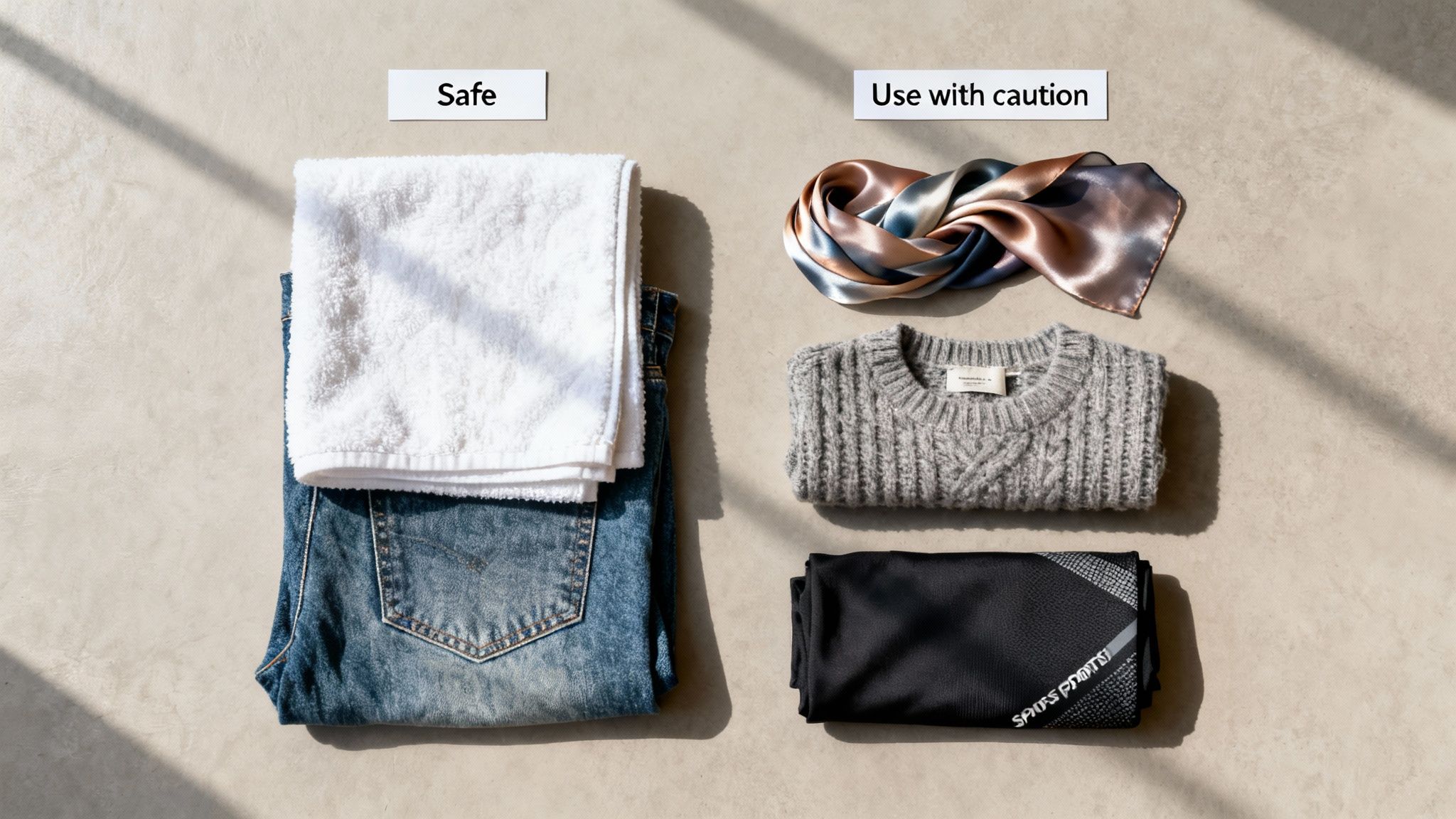 Laundry guide showing 'Safe' items like a towel and jeans, and 'Use with caution' items including a silk scarf, knitted sweater, and athletic pants.