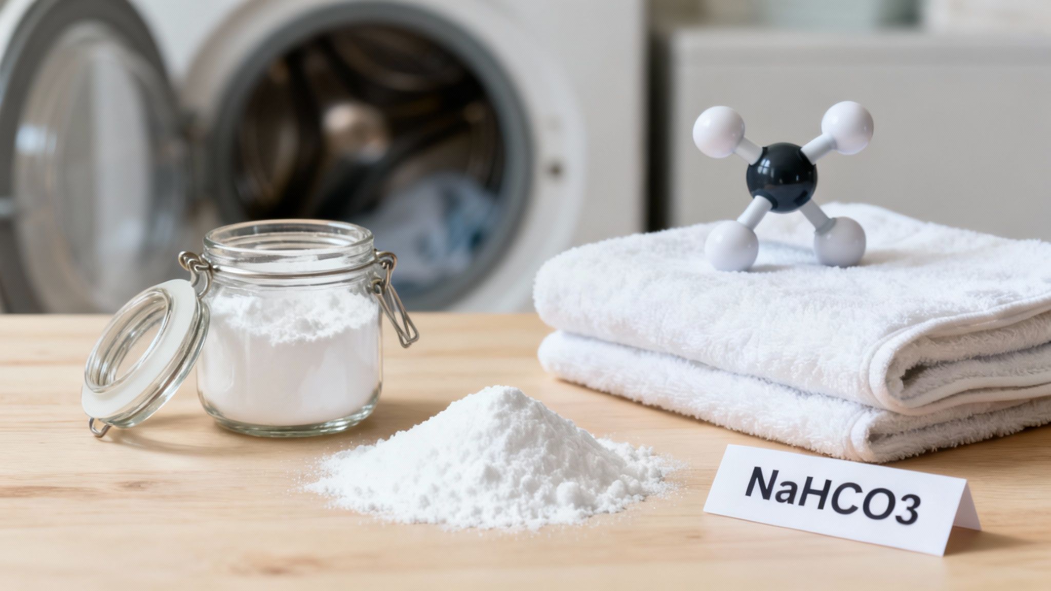 Baking soda in a jar and a pile with a washing machine, folded towels, and a chemical model.