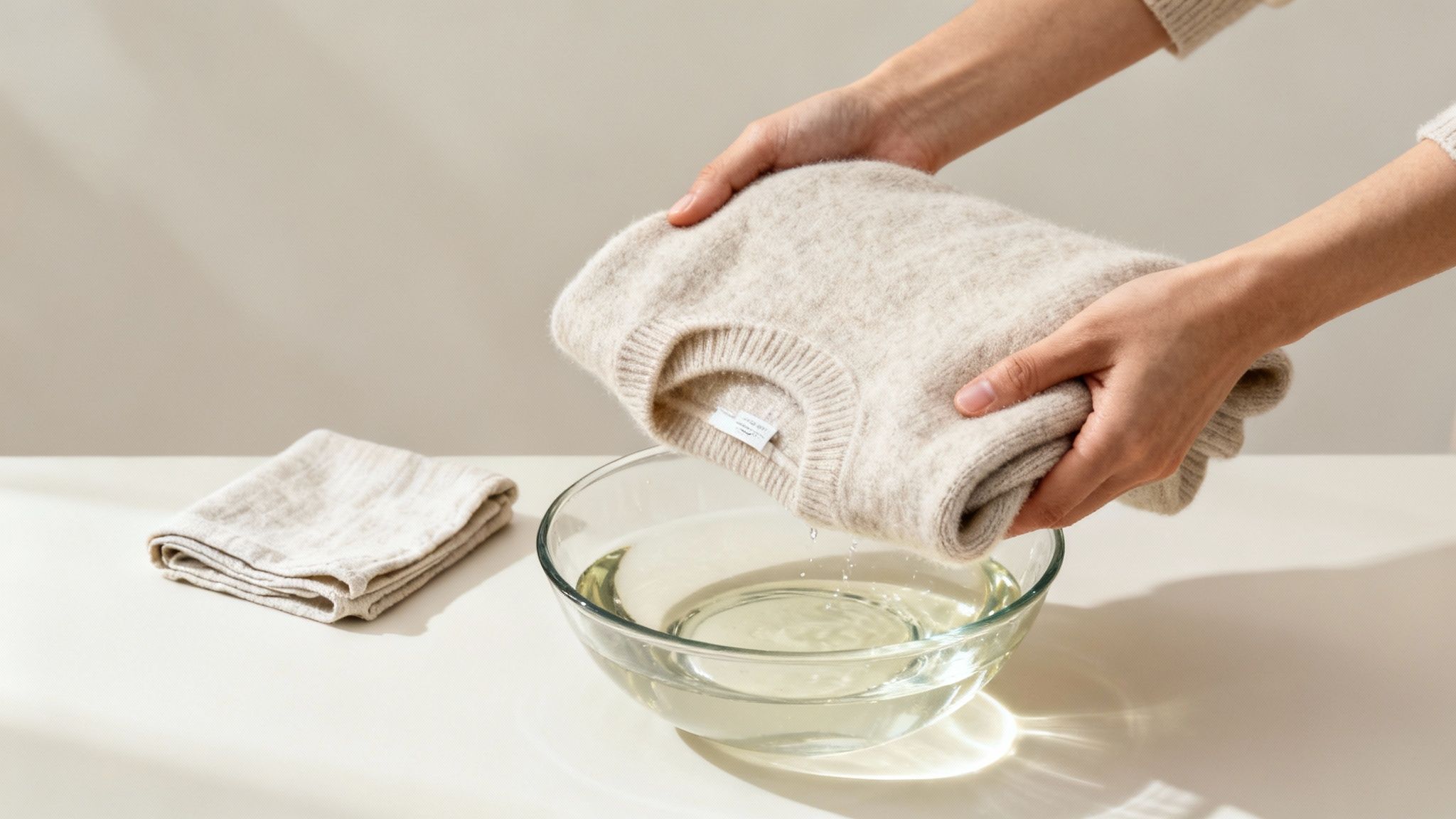 Hands gently place a light beige sweater into a glass bowl of water for handwashing.