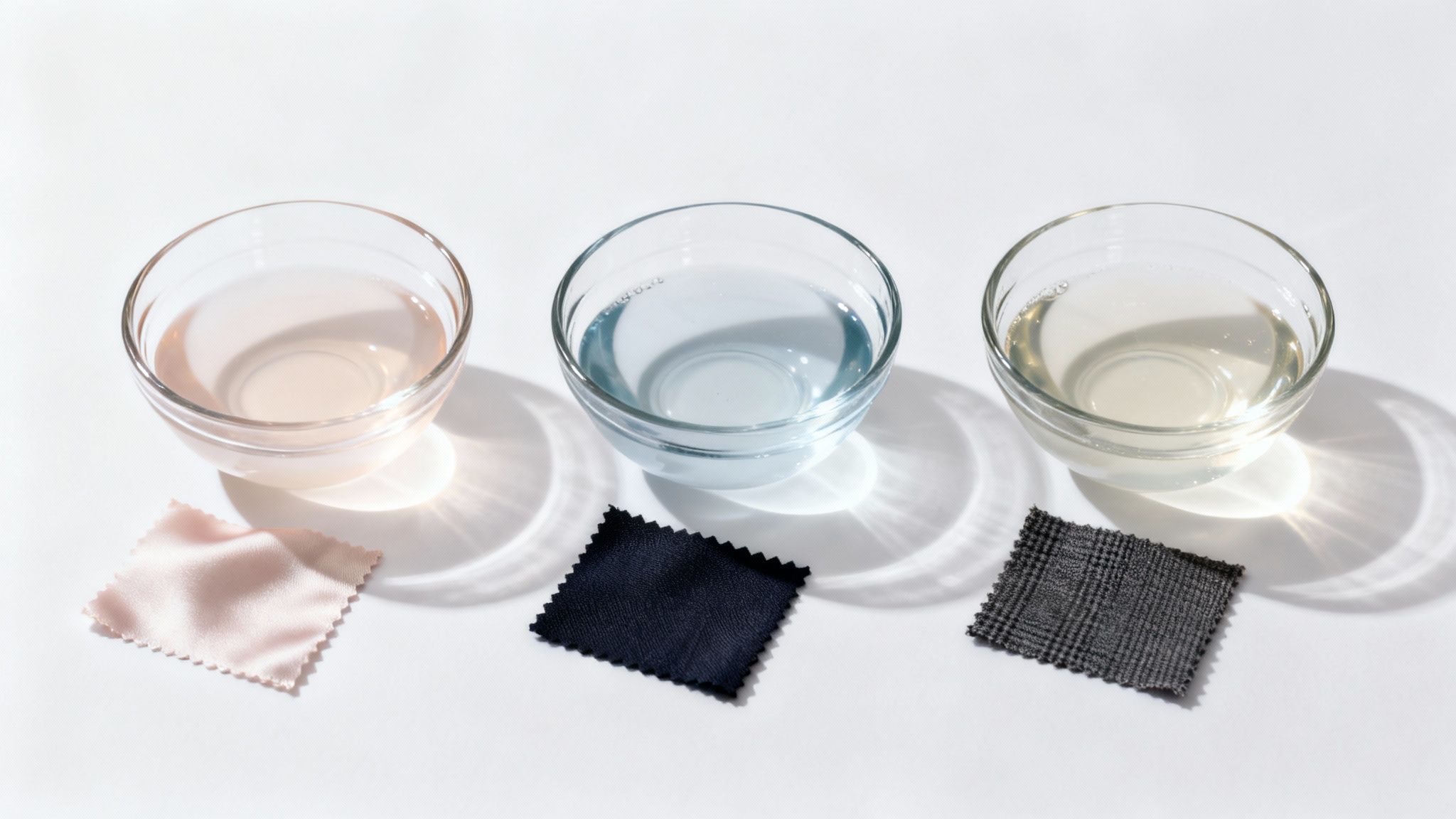 Three glass bowls with different colored liquids sit next to corresponding fabric swatches on a white surface.