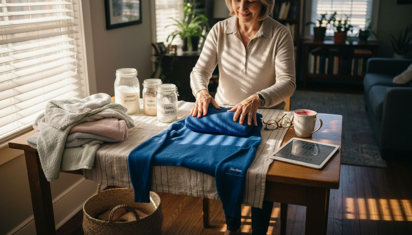 Home laundry folding with care chart visible