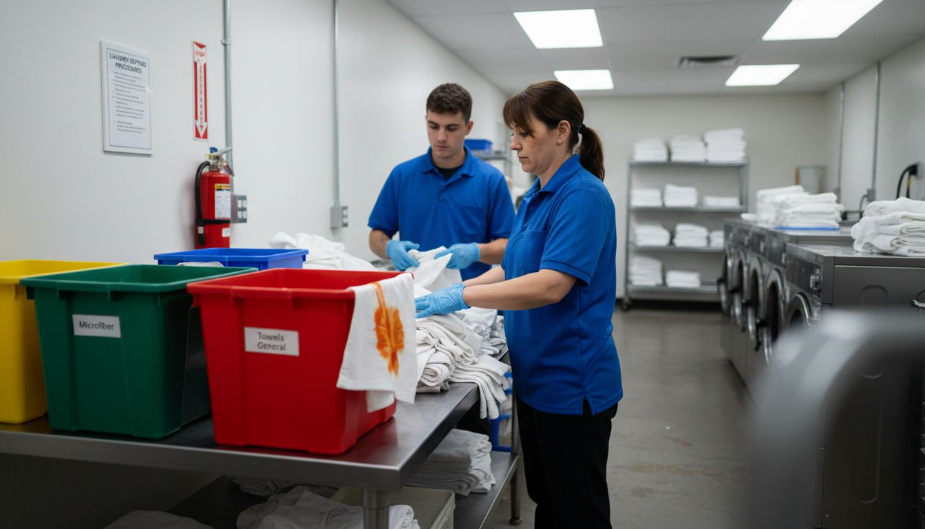 Staff sorting towels and uniforms by color