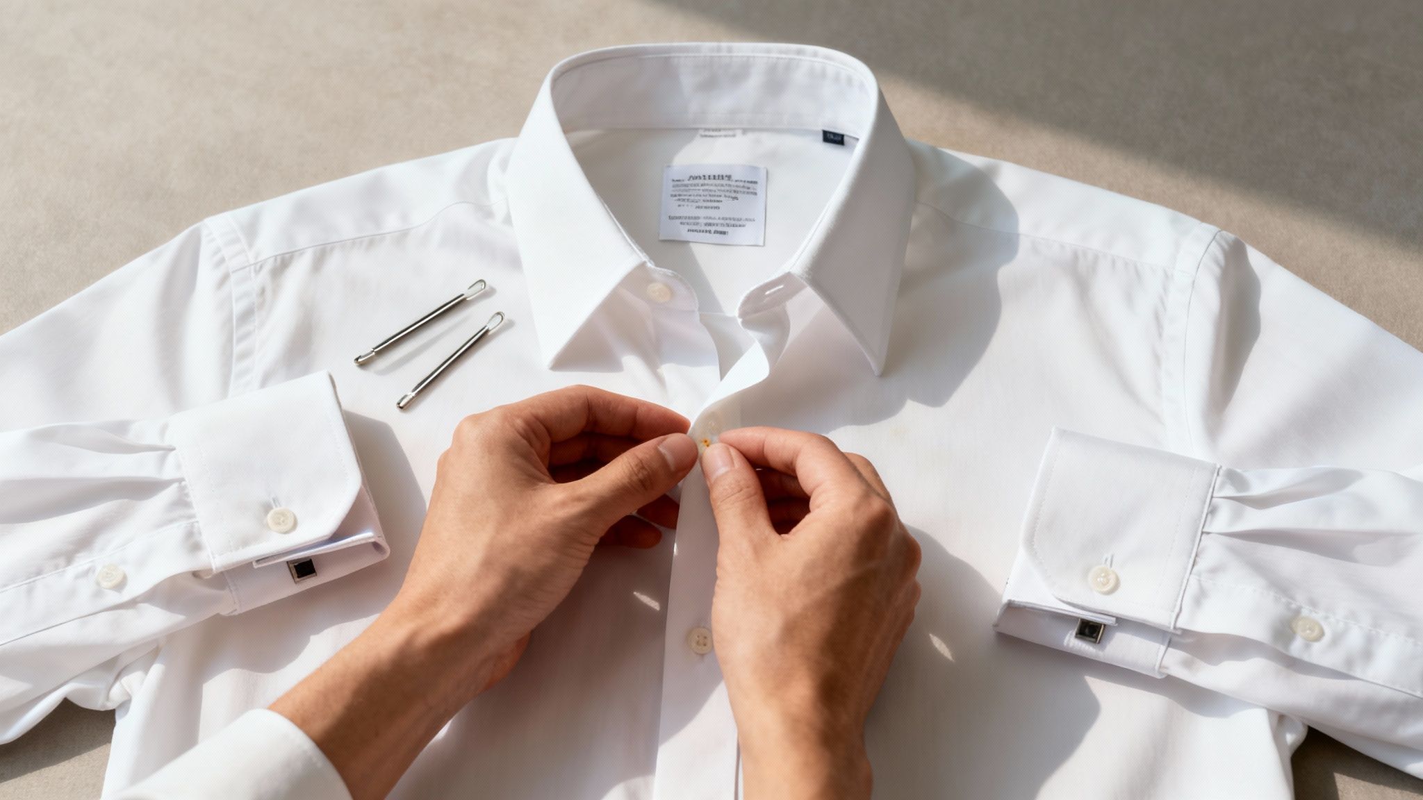 Hands buttoning a crisp white dress shirt with collar stays and cufflinks visible on a bed.