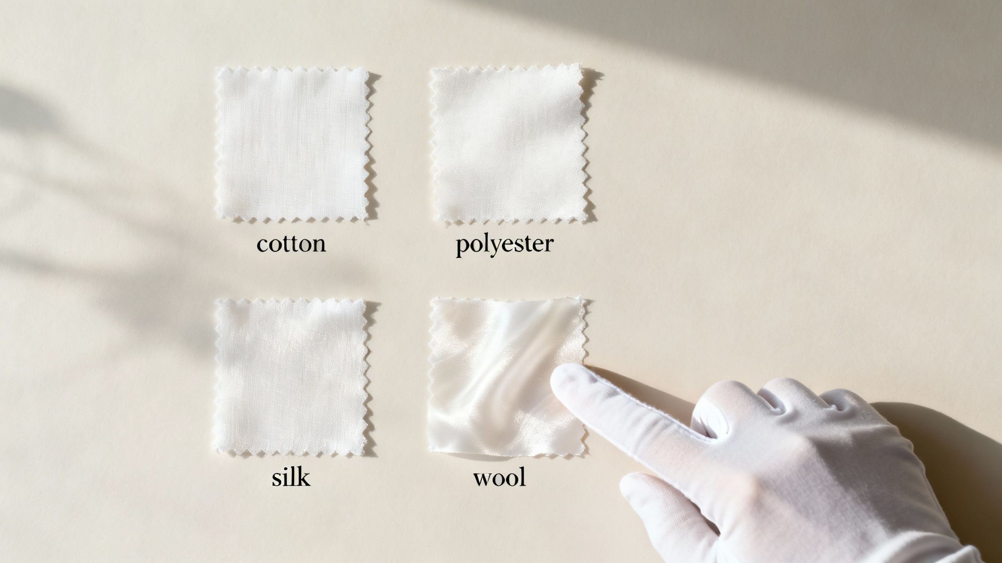 Four white fabric swatches labeled cotton, polyester, silk, and wool, with a gloved hand.