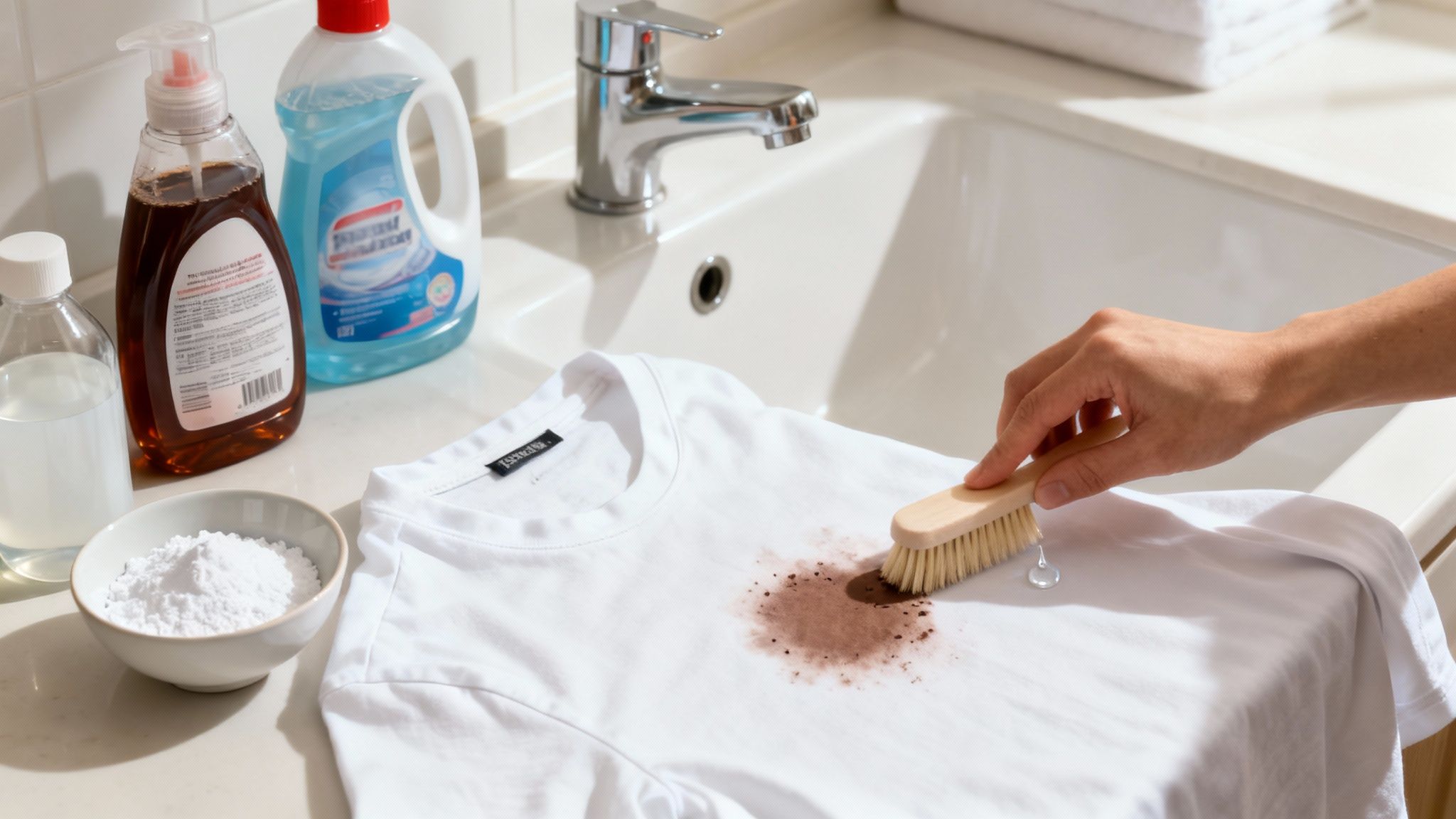 Person brushing a chocolate stain off a white t-shirt with cleaning products nearby.