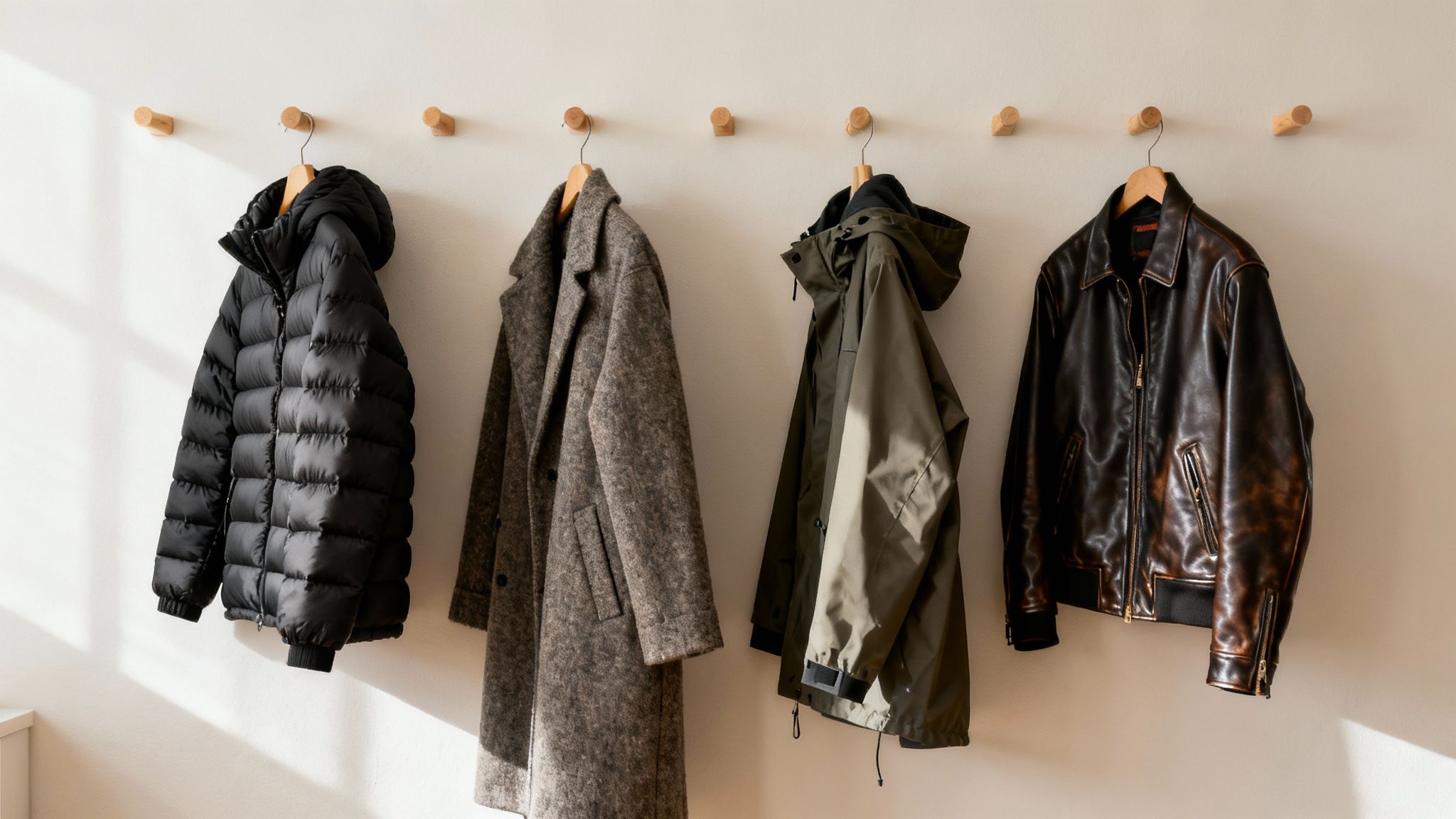 Four diverse jackets, including a puffer, tweed coat, rain jacket, and leather bomber, hang on wooden wall hooks.