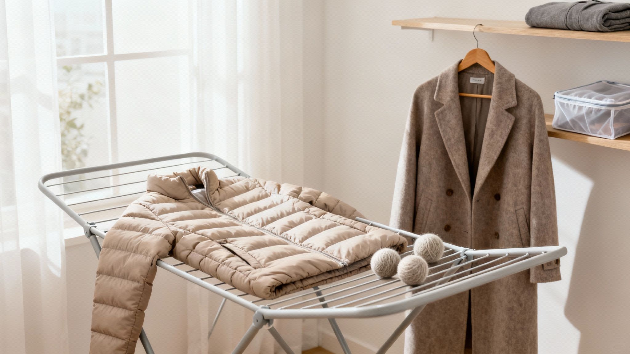 Light brown puffer jacket air-drying on a rack with wool dryer balls in a bright room.
