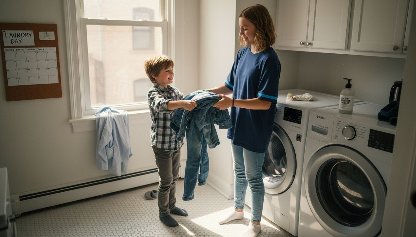Teens practicing sustainable laundry routine