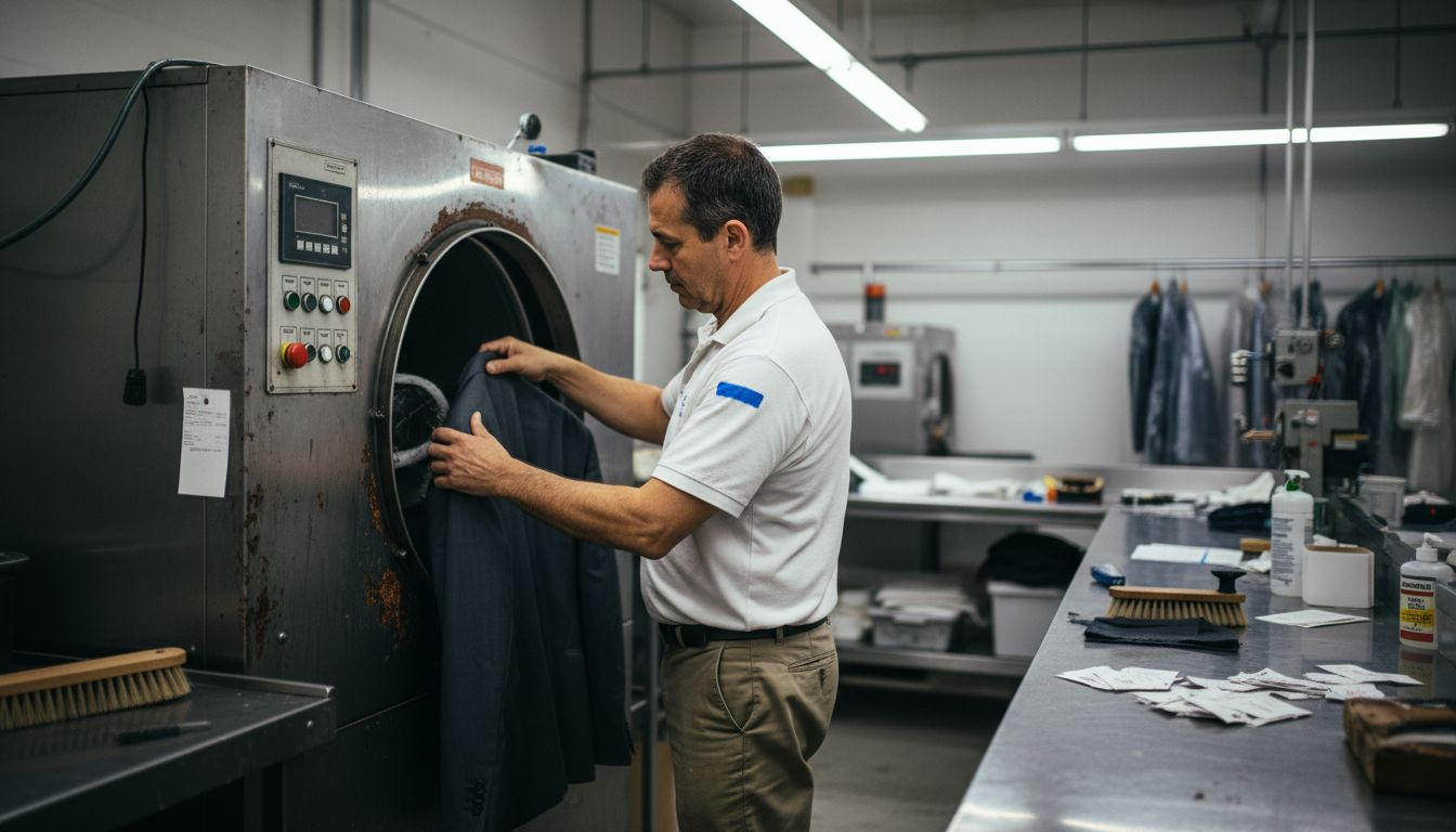 Technician operating dry cleaning machine process