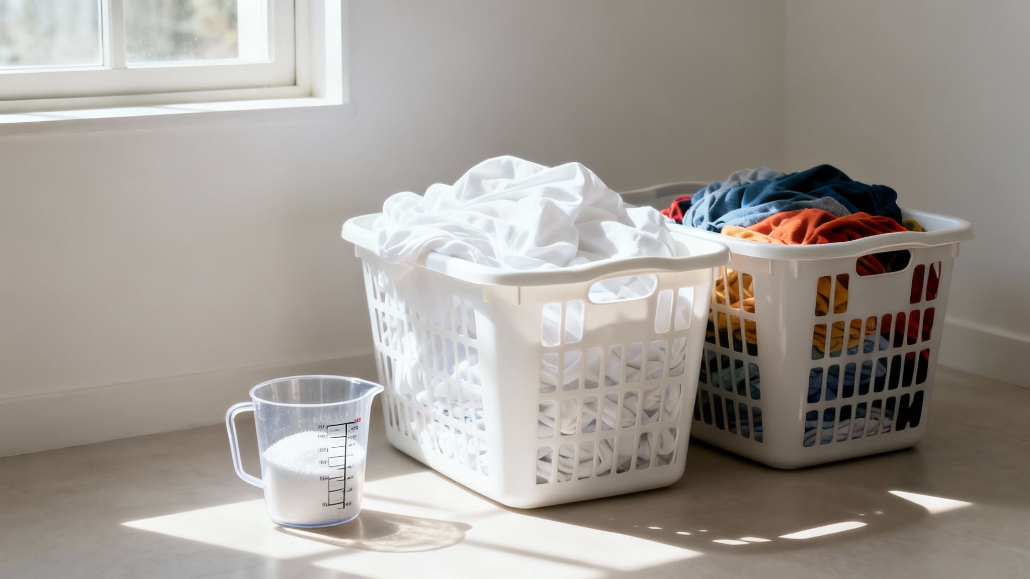 Two laundry baskets, one with white clothes and one with colored, sit by a window with detergent.