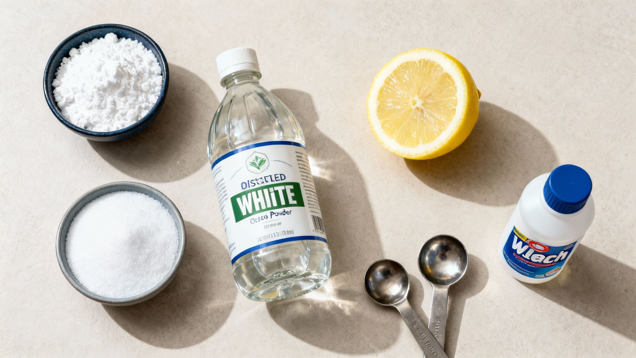 A flat lay of distilled white powder, granulated powder, lemon, a cleaning bottle, and measuring spoons.
