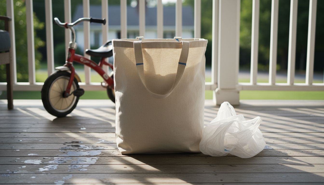 Reusable bag beside used plastic laundry bags