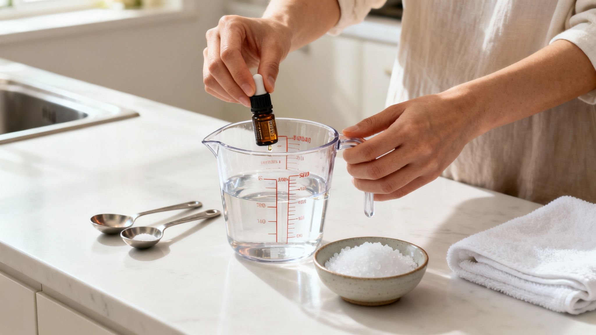 Hands adding essential oil drops from a bottle into a measuring cup of water, with salt nearby.