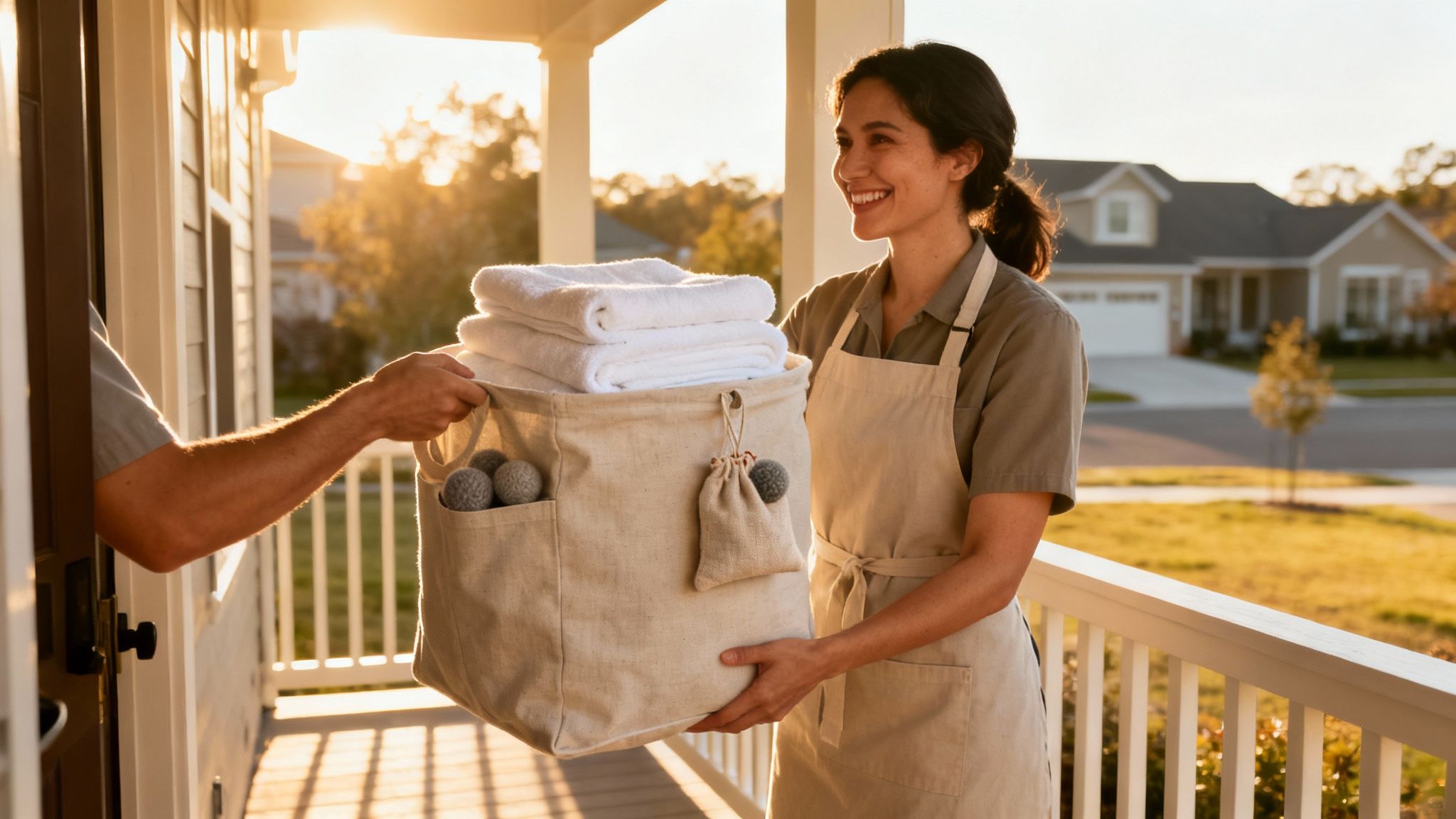 A smiling woman receives a canvas bag with fresh towels and wool dryer balls from a man at her doorstep during sunset.