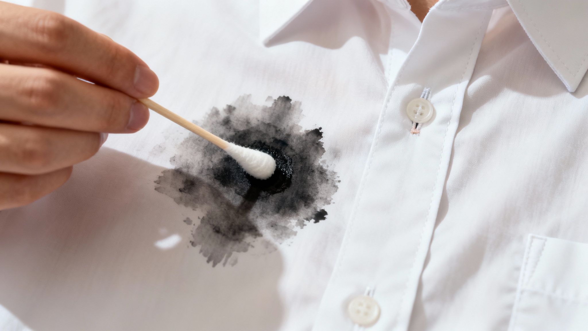 A hand uses a cotton swab to clean a large black liquid stain from a white shirt.
