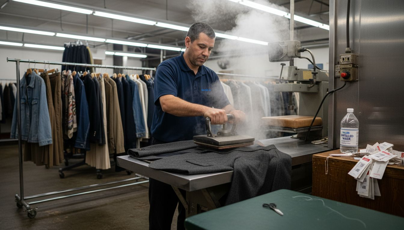 Cleaner uses steam press on wool blazer