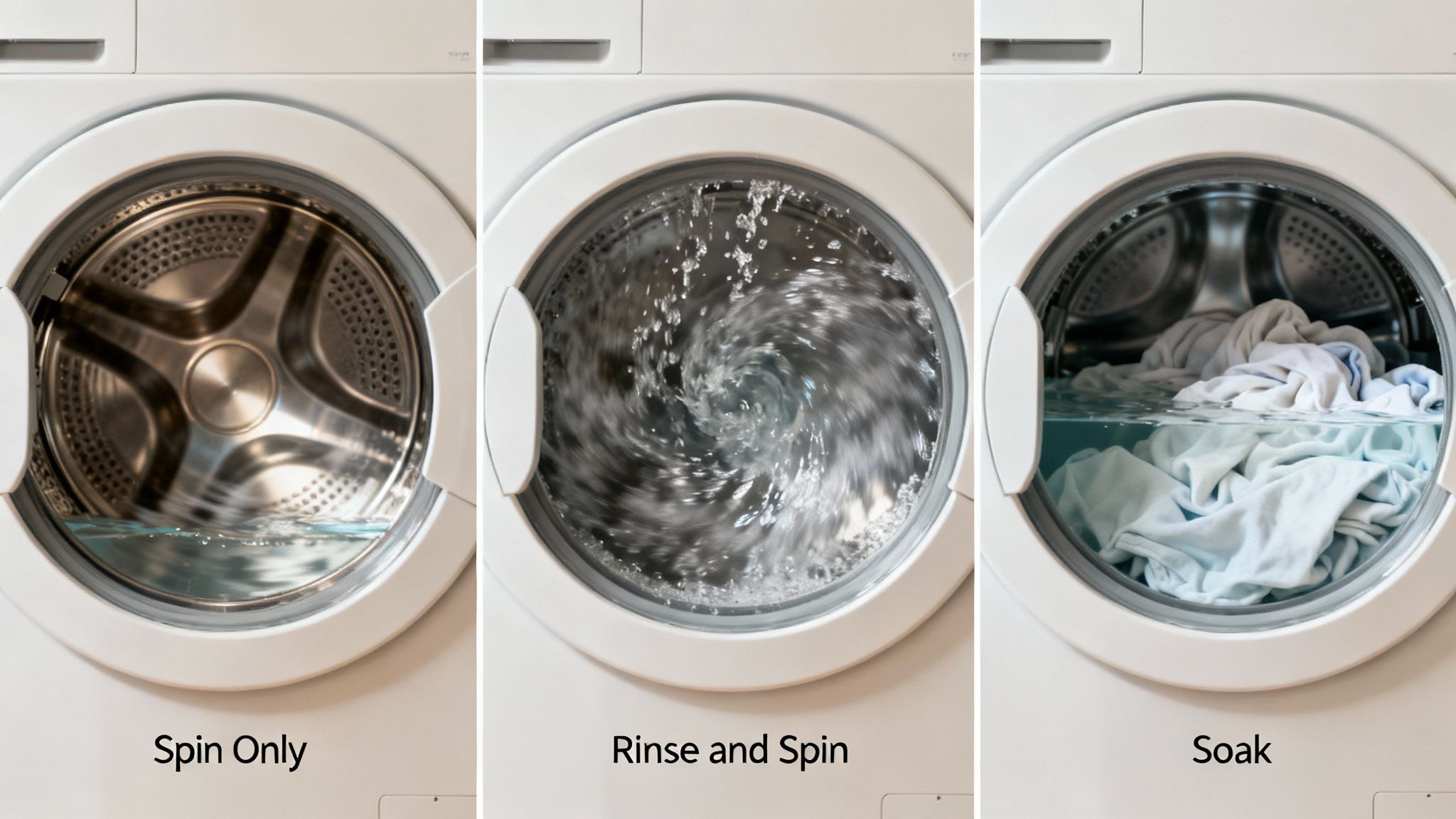Three washing machines illustrate different cycles: spin only, rinse and spin, and soaking clothes.