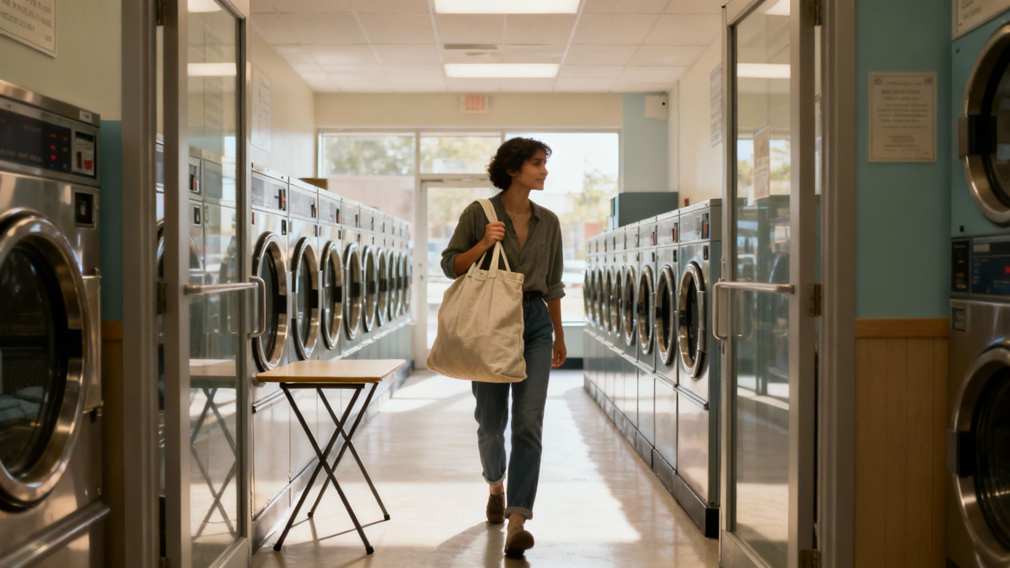 A woman carrying a large white laundry bag walks between rows of washing machines in a bright laundromat.