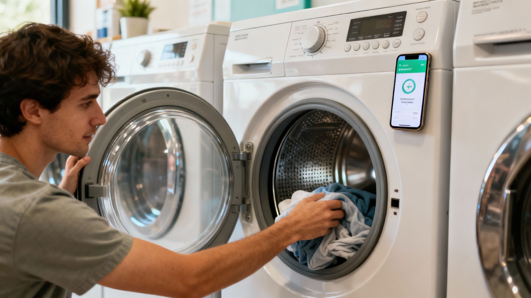 A man loading clothes into a front-load washing machine at a modern laundromat with a smartphone displaying an app.