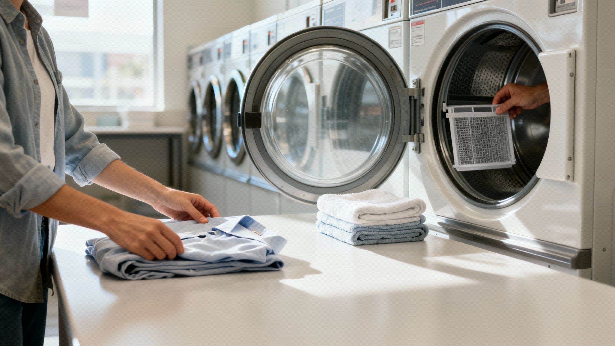 Hands folding fresh laundry on a counter while cleaning a dryer lint filter in a laundromat.