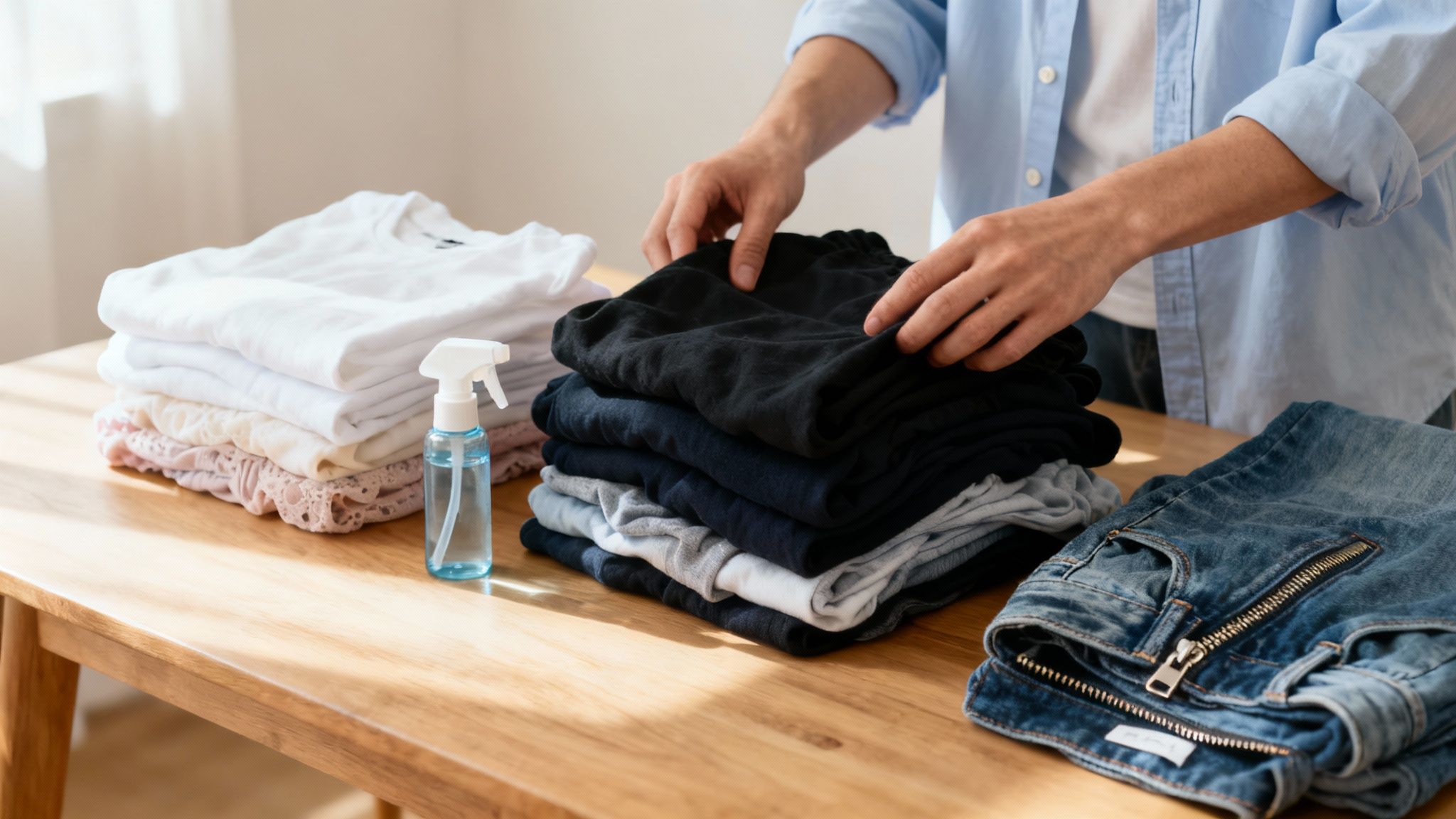 A person is neatly folding clean laundry on a wooden table with stacks of clothes and a spray bottle.