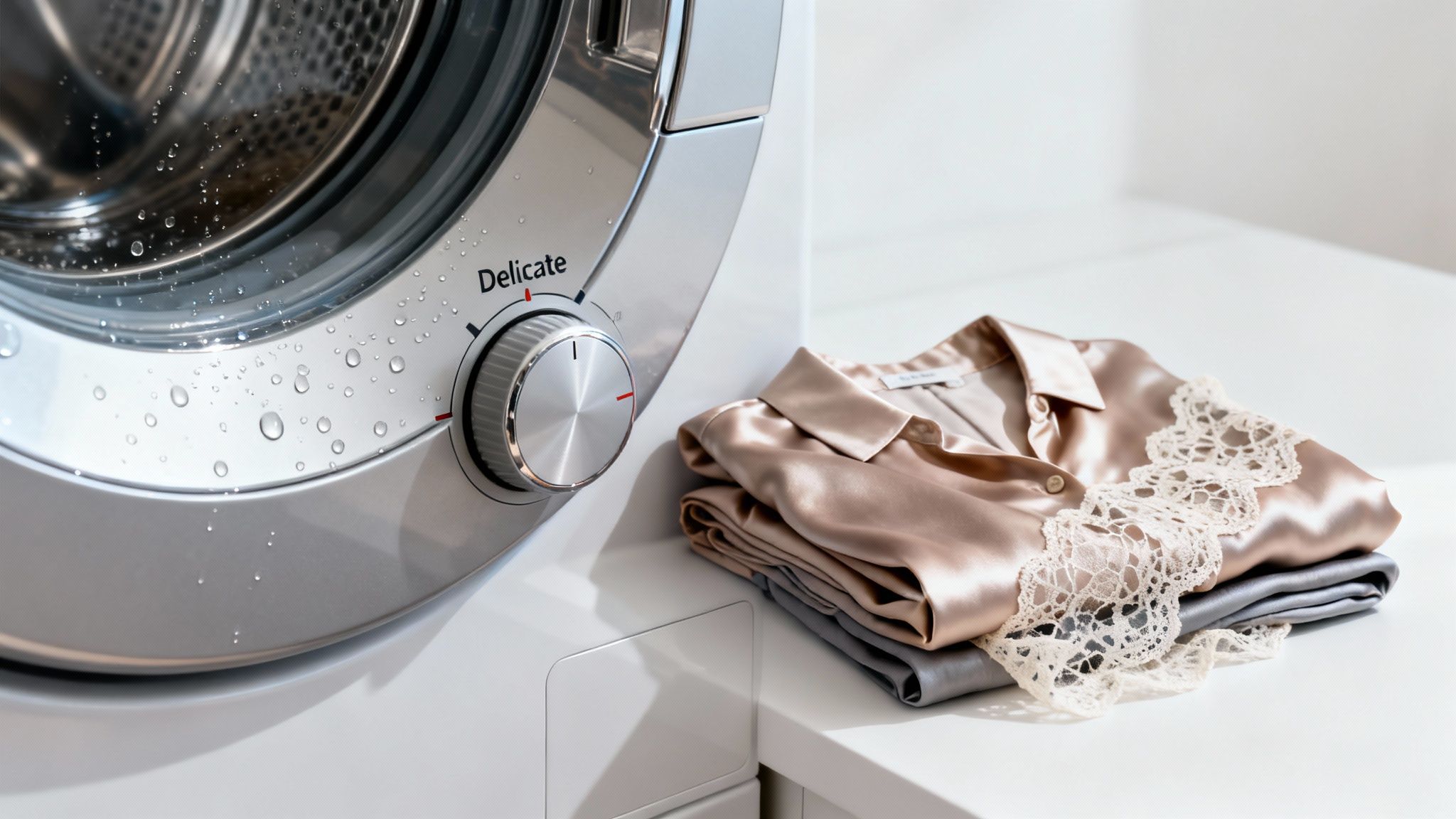 A washing machine set to a delicate cycle, with folded silk and lace garments beside it.