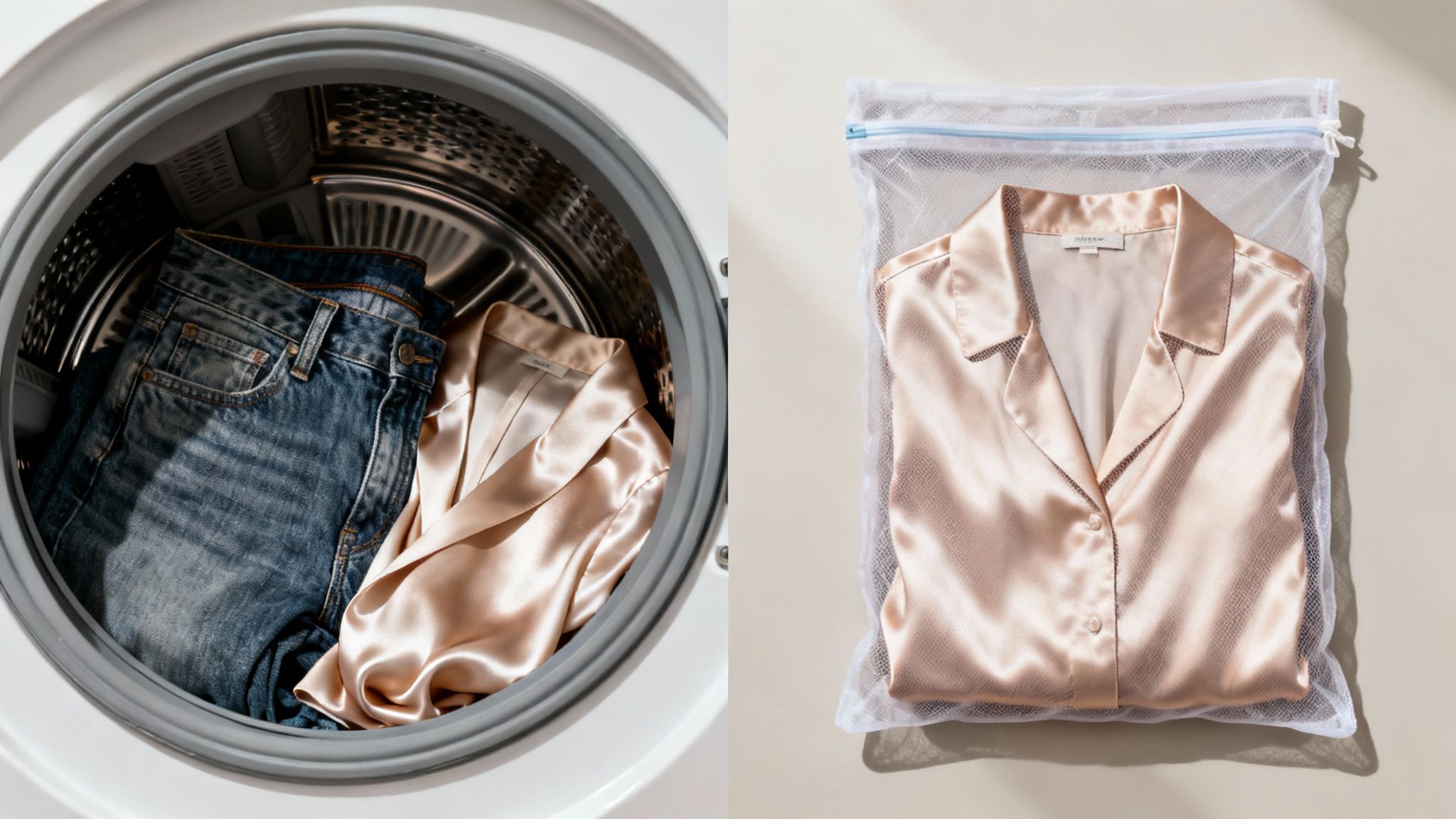 Satin shirt and jeans in a washing machine, contrasted with the satin shirt safely in a laundry bag.