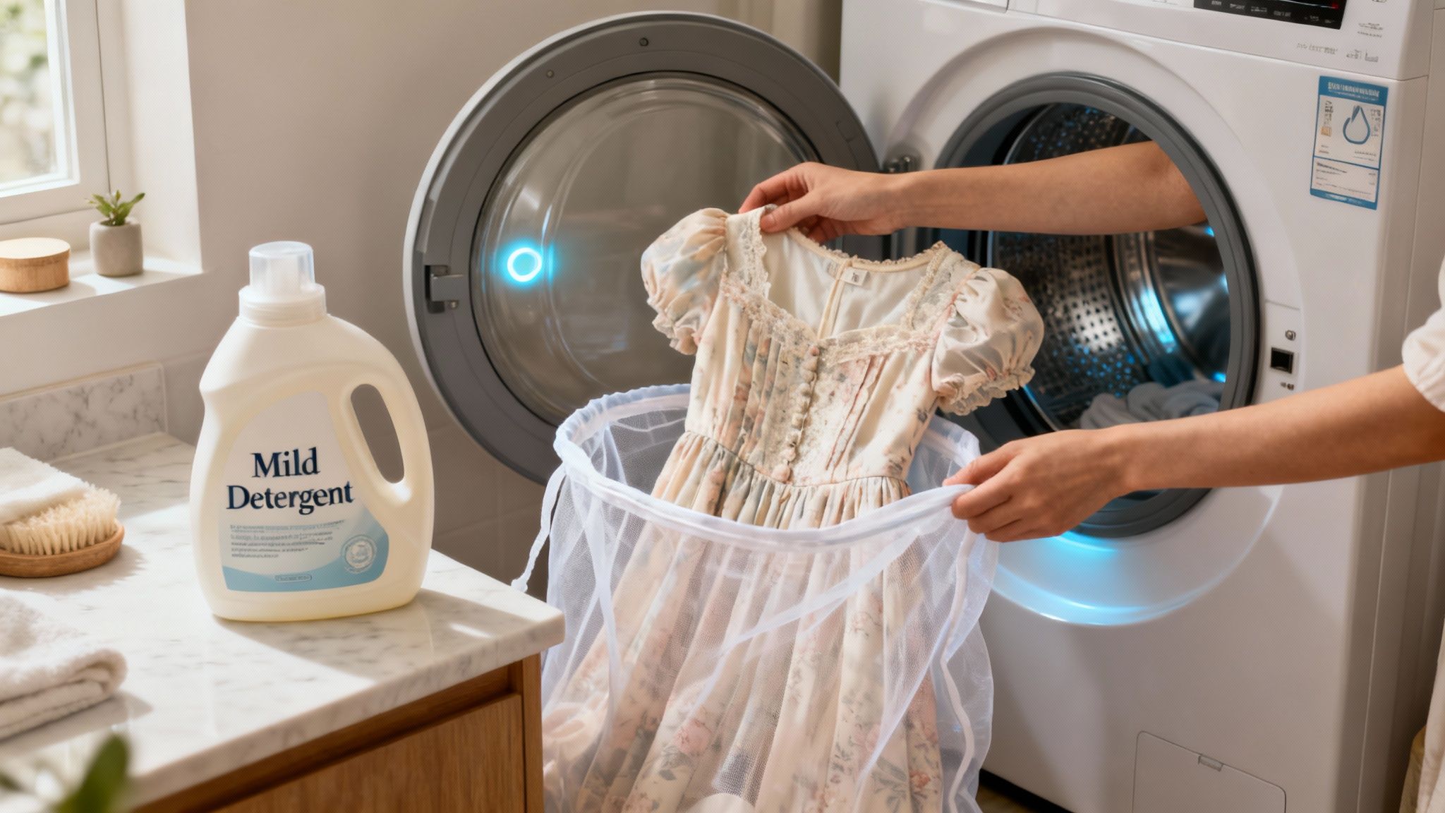 Hands carefully place a delicate floral dress into a mesh laundry bag next to mild detergent.