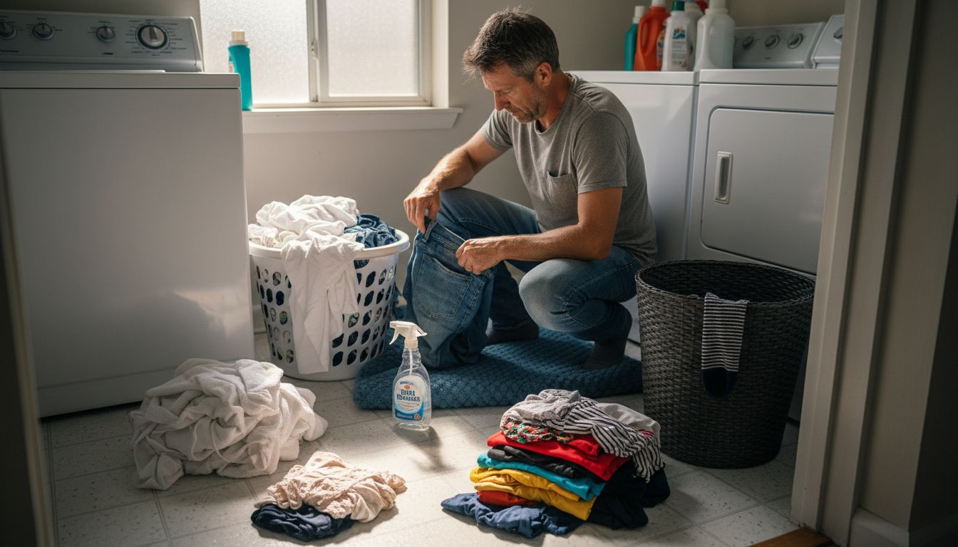 Man sorting laundry before drop off