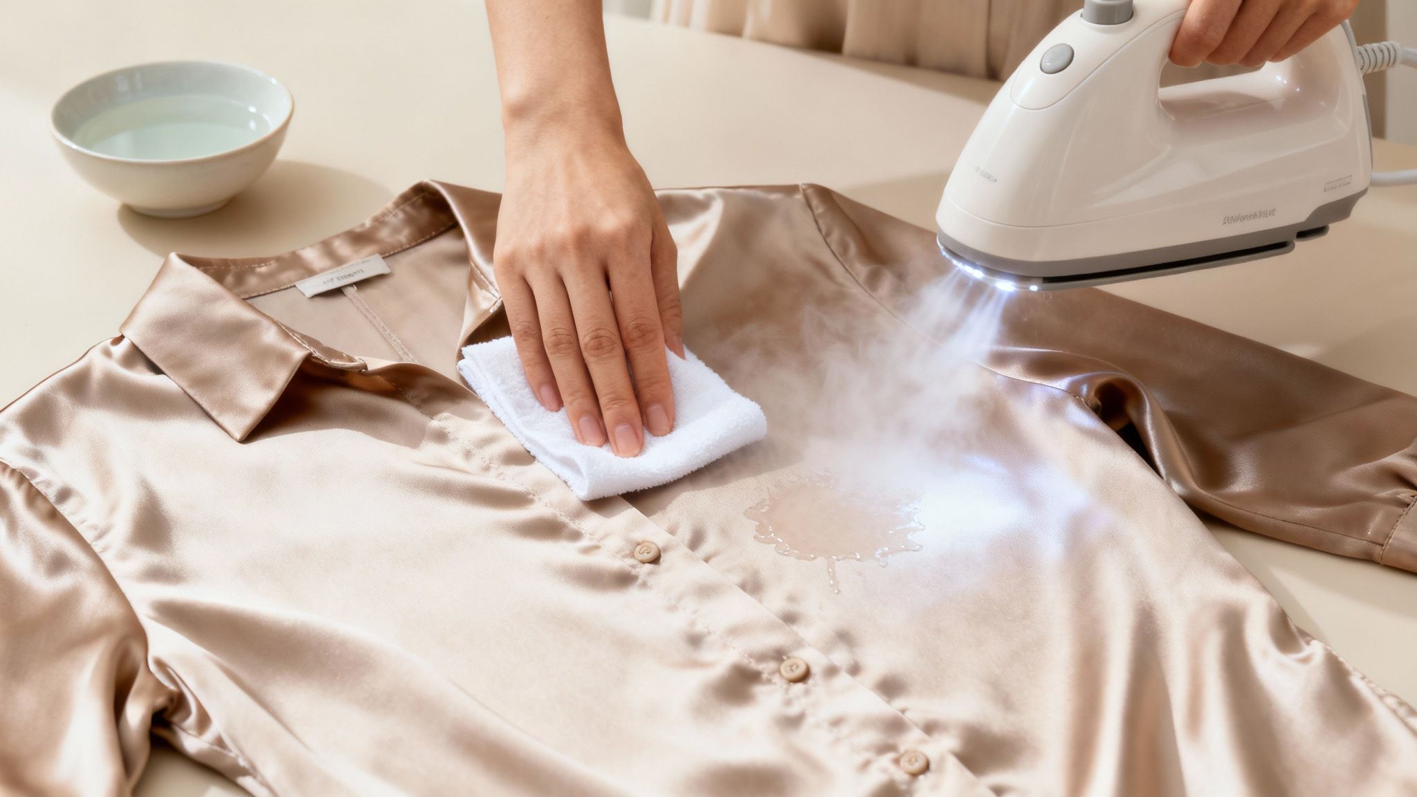 Close-up of a person steaming a champagne-colored silk shirt, attempting to remove water spots with an iron and a white cloth.