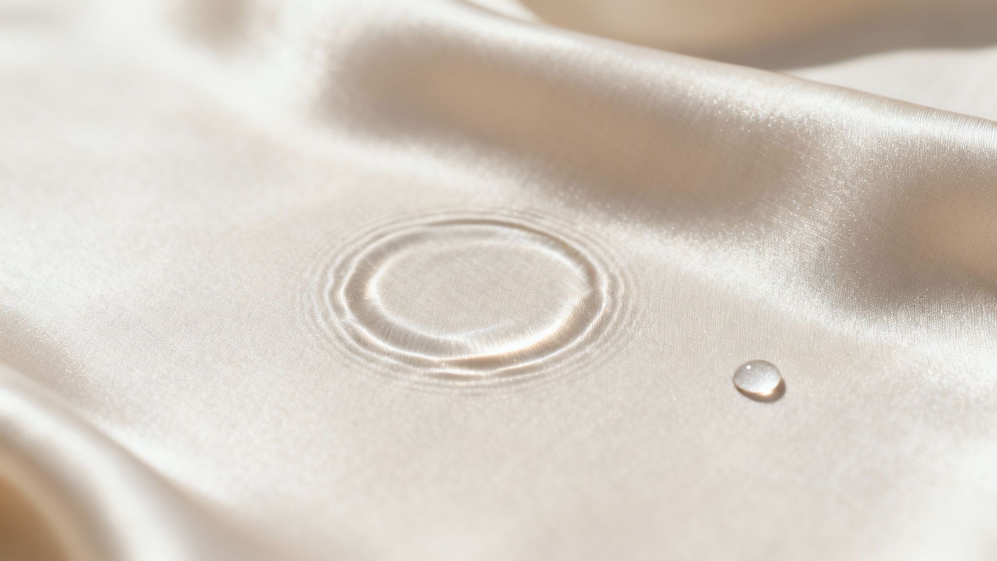 Clear water ripples and a single droplet on smooth, flowing cream silk textile.