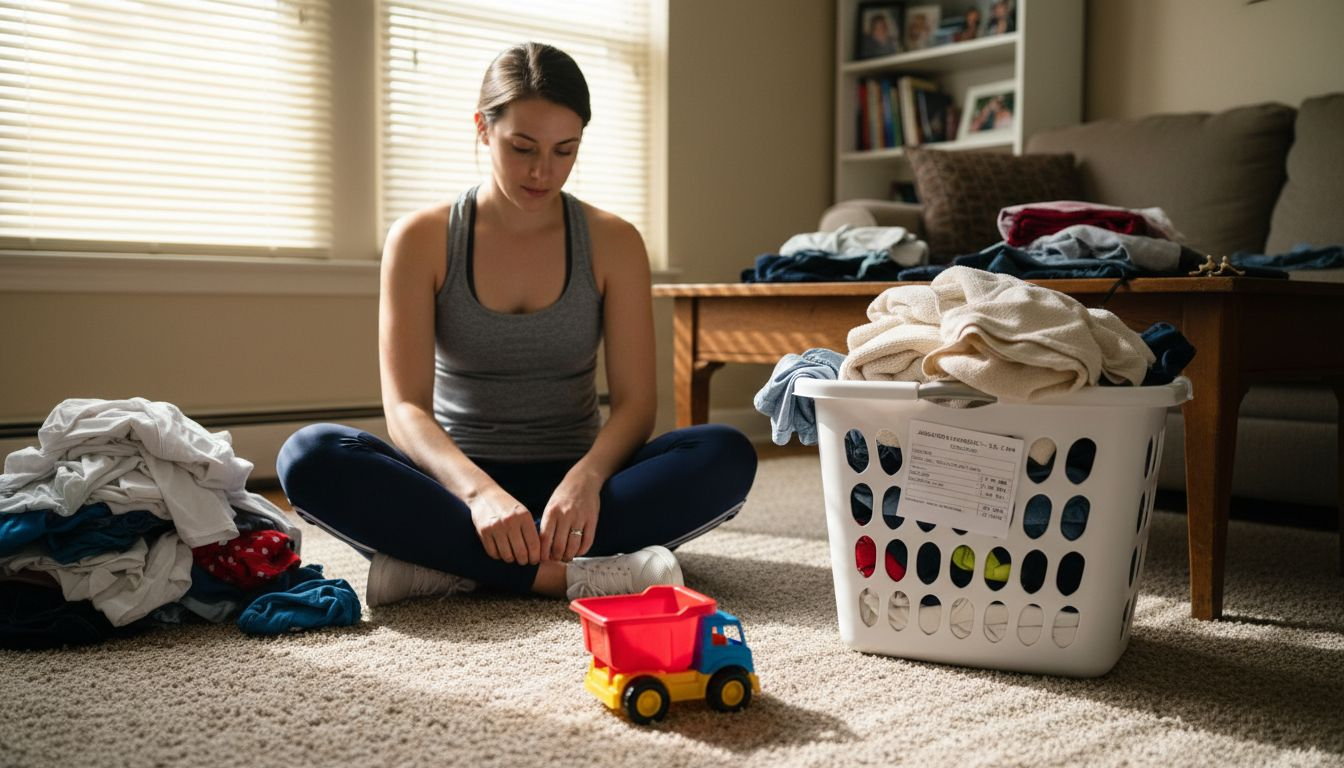 Mother sorting laundry in busy family living room
