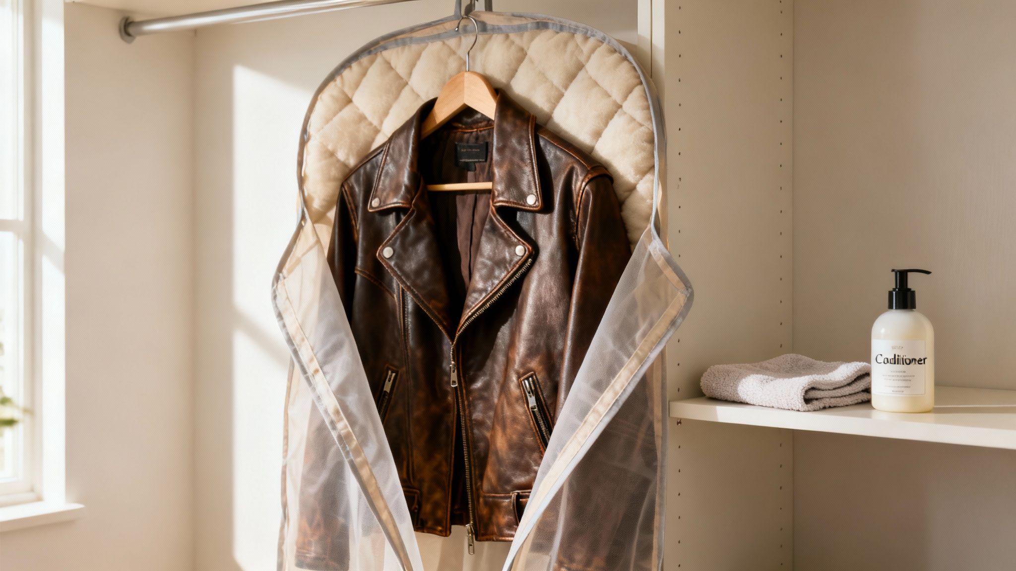 Distressed brown leather jacket in a garment bag in a sunlit closet, next to a towel and conditioner.