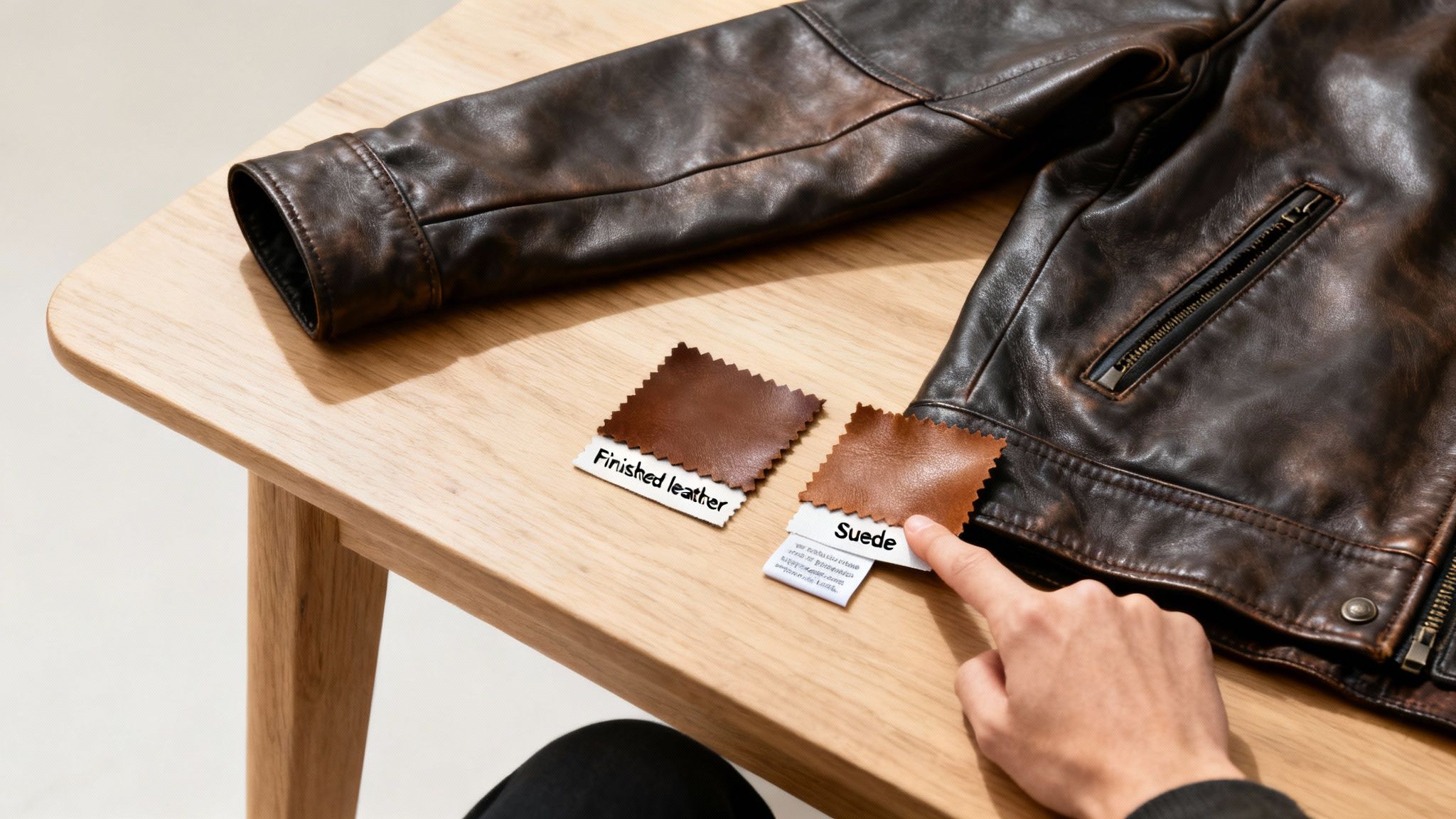 Hand comparing finished leather and suede swatches next to a dark brown leather jacket on a table.