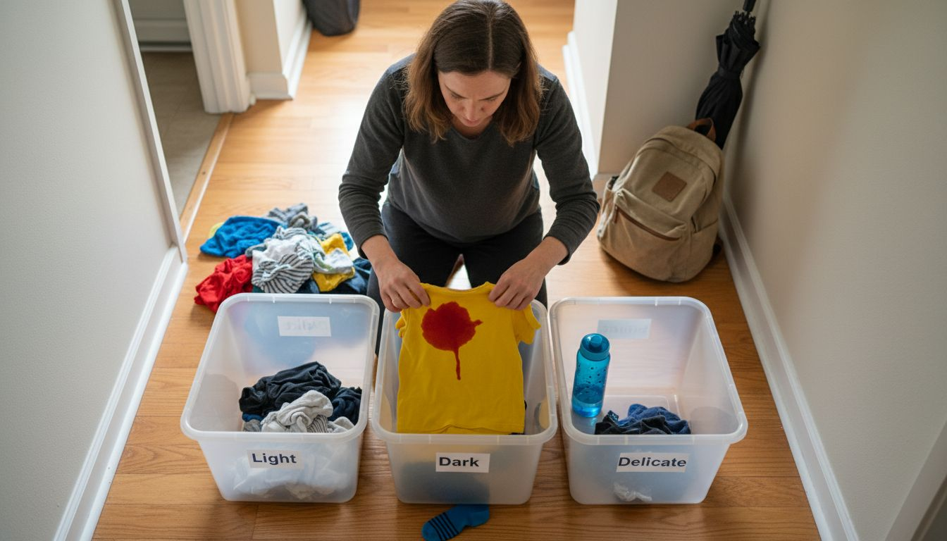 Mom sorting stained clothes on floor