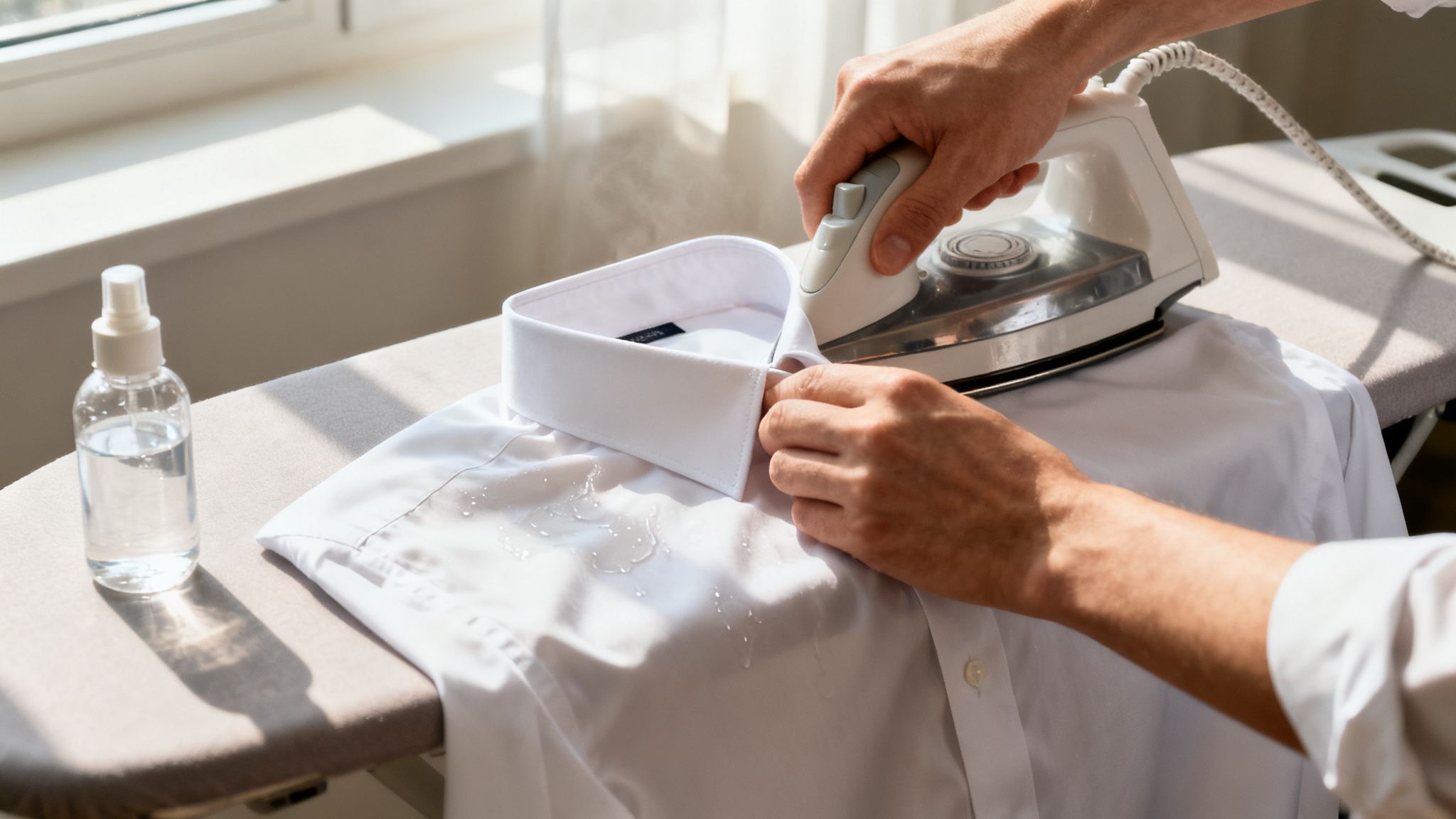 Hands ironing a wet white dress shirt on an ironing board, with steam visible from the iron.