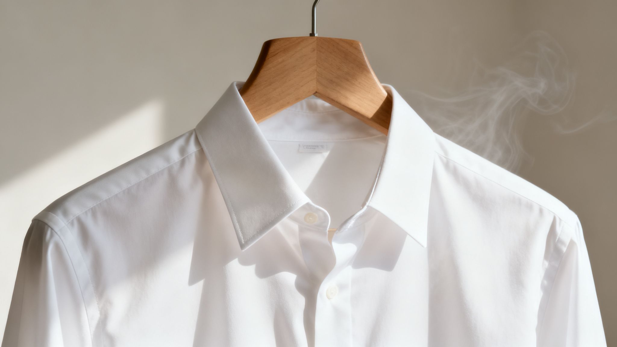 Close-up of a freshly steamed white dress shirt on a wooden hanger against a neutral wall.