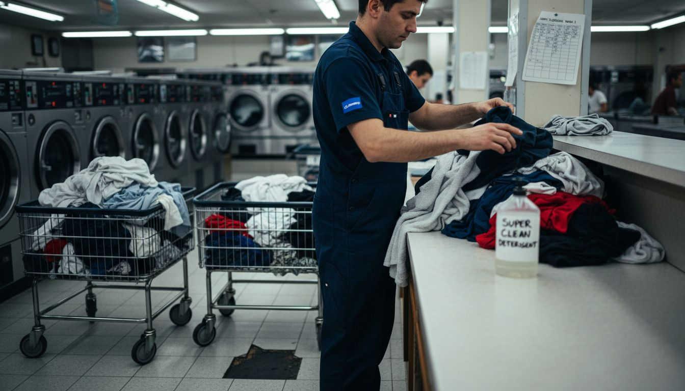 Technician sorting clothes at laundromat counter
