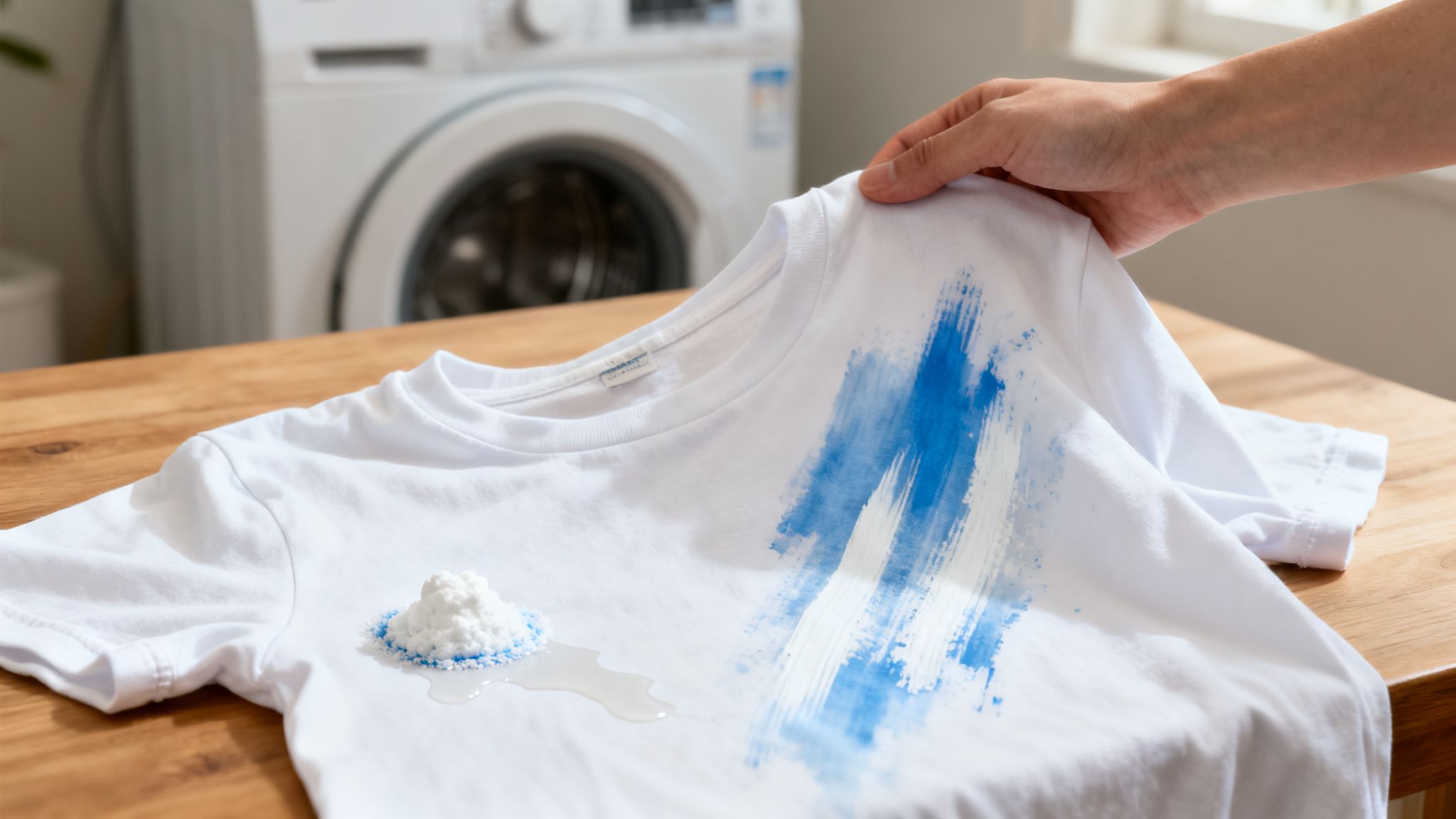 A person's hand holds a white t-shirt with a blue stain and laundry detergent on it.