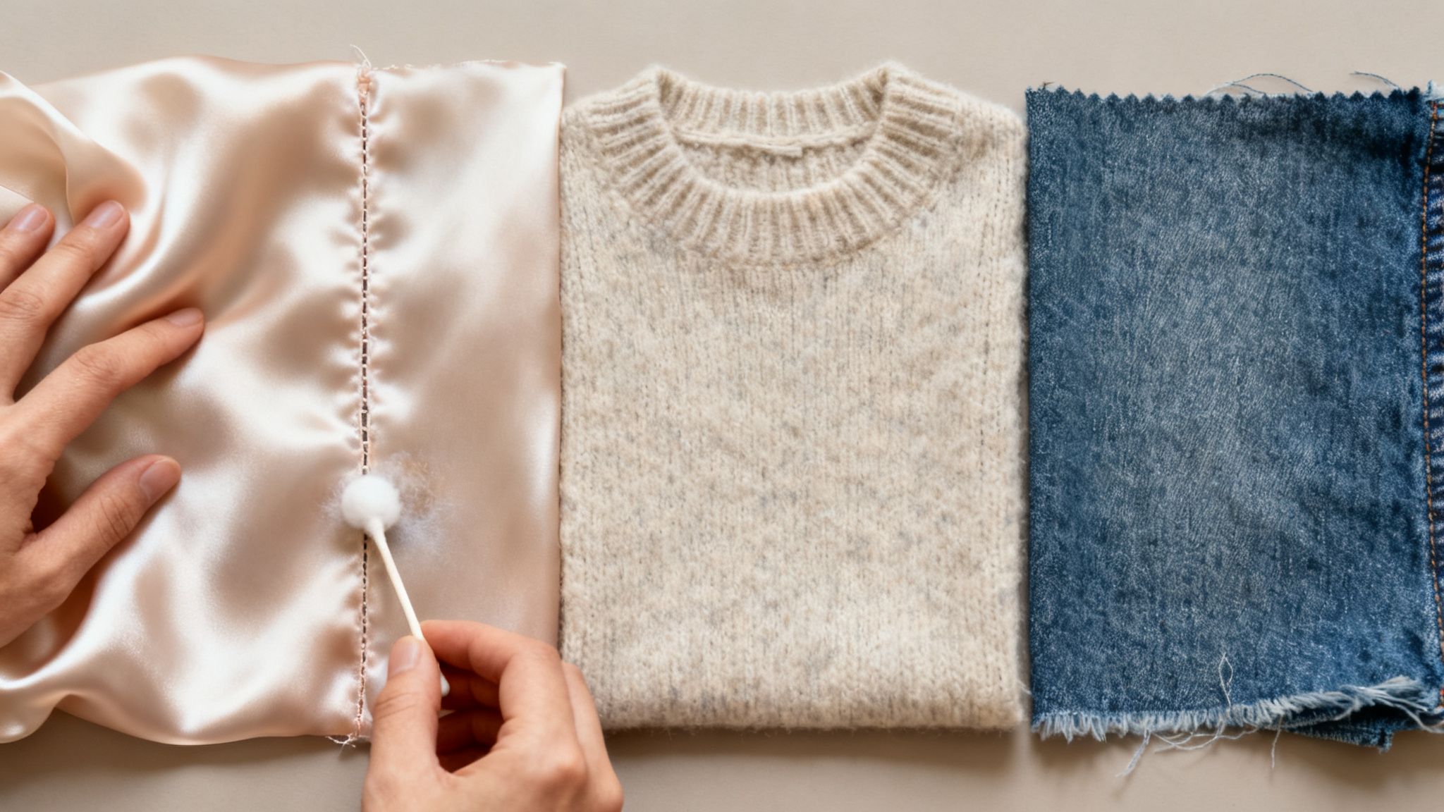 Hands apply a white substance with a cotton swab to a delicate fabric, alongside a sweater and denim.