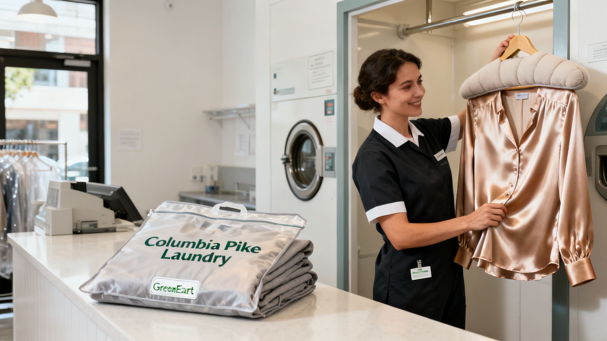 A smiling laundry attendant in uniform hangs a freshly cleaned golden satin blouse in a modern facility.