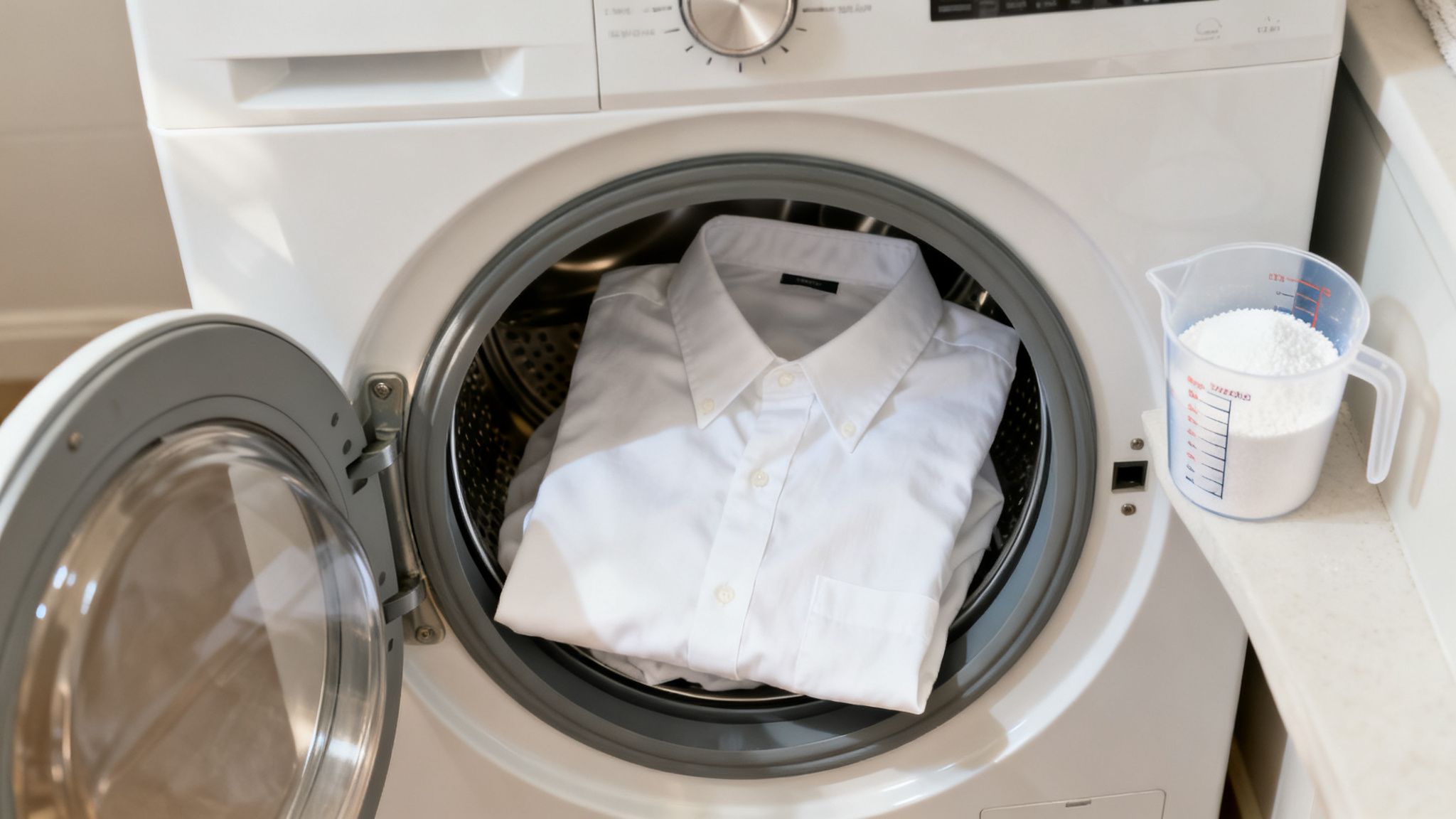 A white front-loading washing machine with an open door, containing a white shirt, next to a measuring cup of detergent.