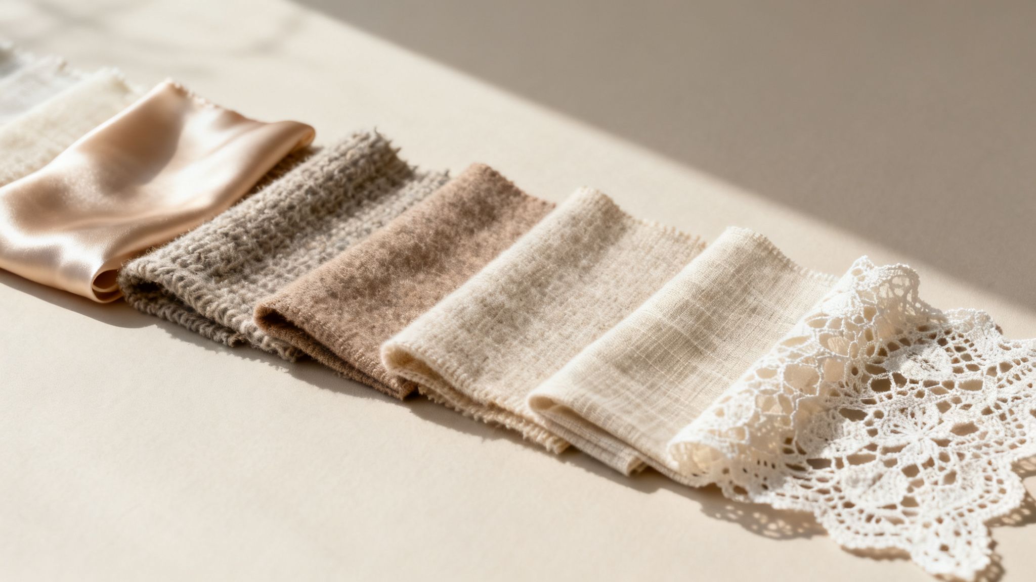 A line of various neutral-toned fabric swatches including silk, knitted, wool, linen, and lace.