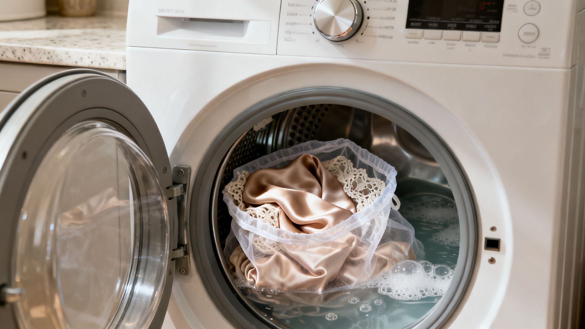 Delicate lace and satin clothing washing inside a mesh bag in a front-load washing machine.