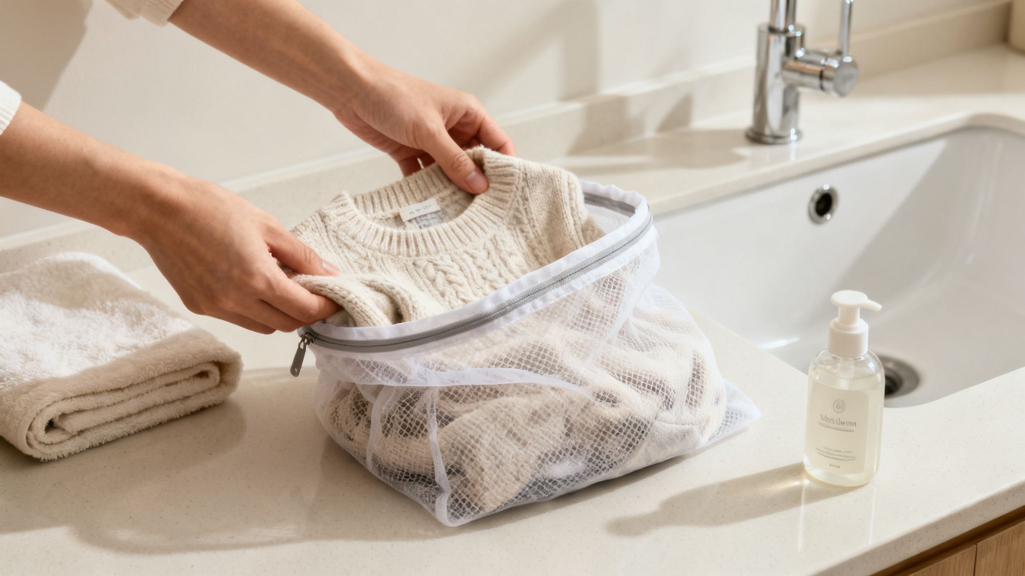 A person carefully places a light-colored knitted sweater into a white mesh laundry bag on a counter, next to a sink.