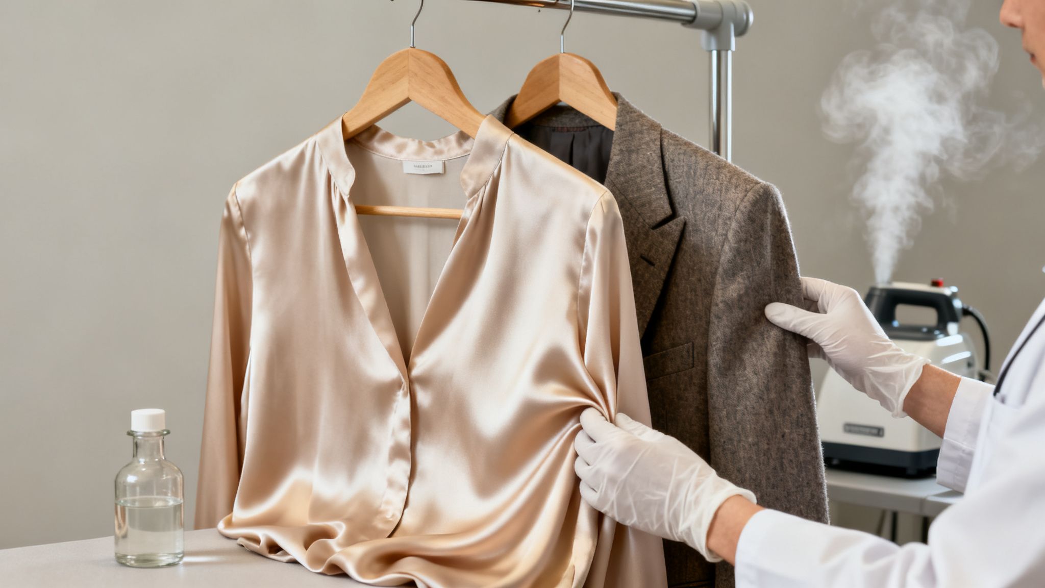 Professional dry cleaner wearing gloves steams a satin blouse and a blazer on a clothes rack.