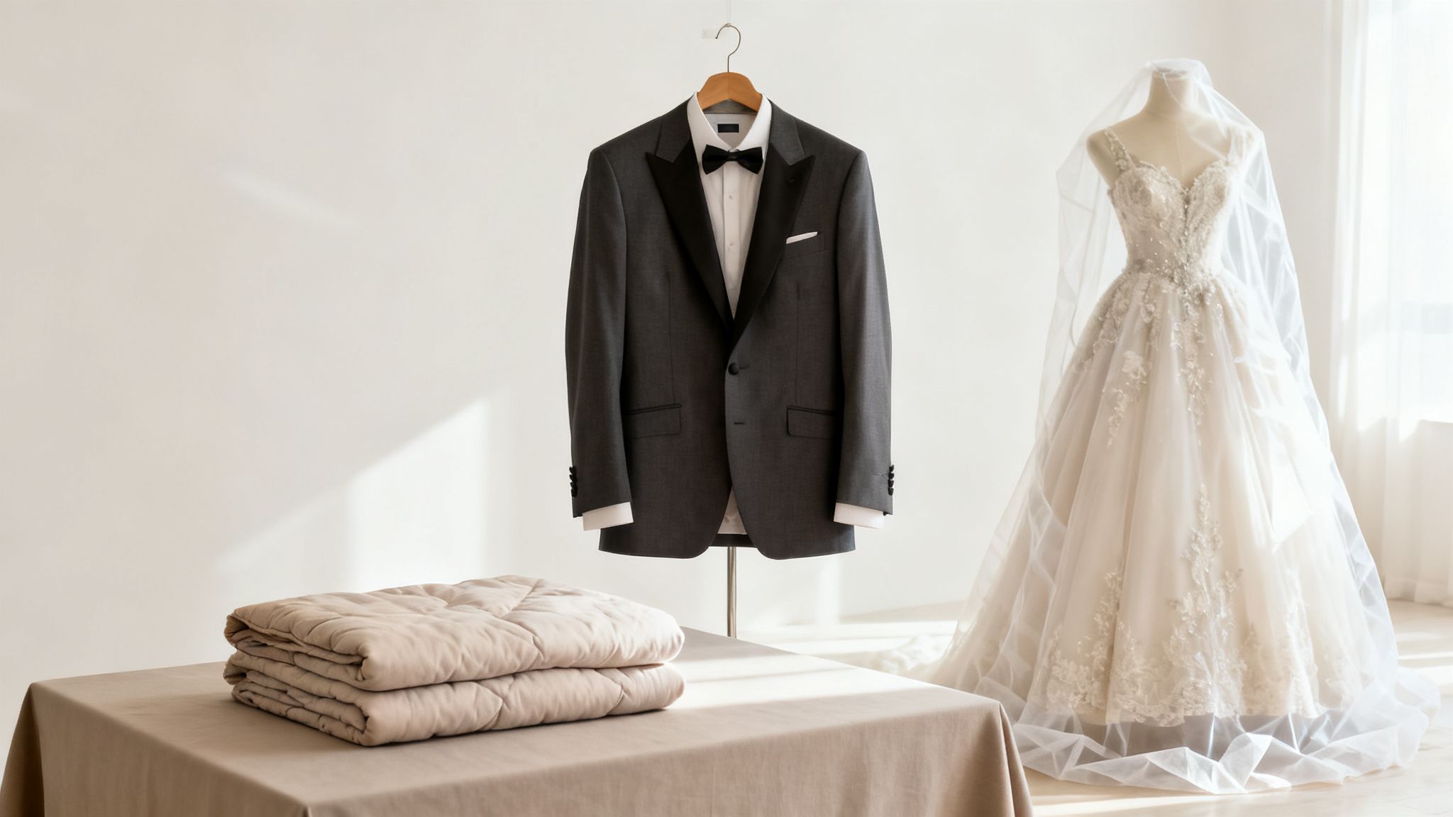 A formal grey tuxedo and a white wedding dress with a veil, ready for a special day.