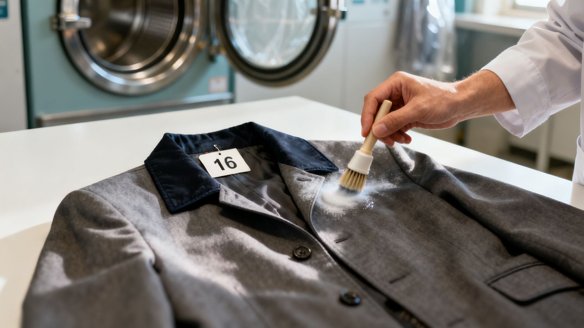 A person in a white coat applying powder to a grey jacket with a brush, demonstrating stain removal.