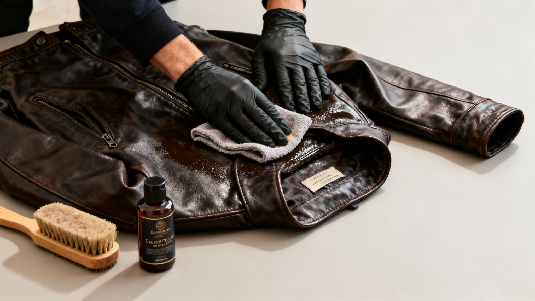 Hands in black gloves condition a brown leather jacket using a cloth and leather care product.
