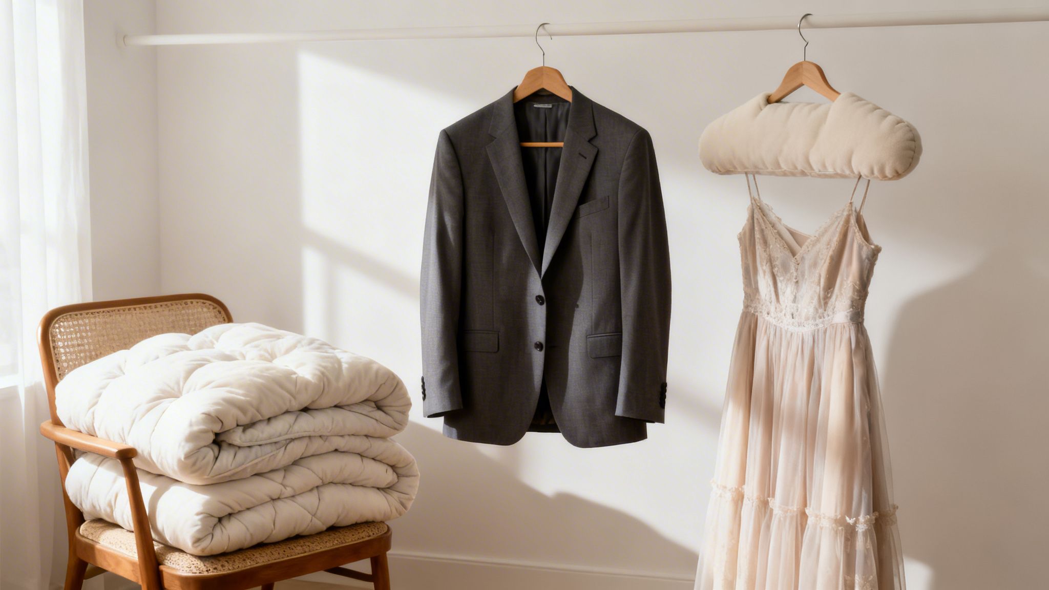 A grey suit jacket and a lace dress hang on a rod, beside folded bedding on a rattan chair.